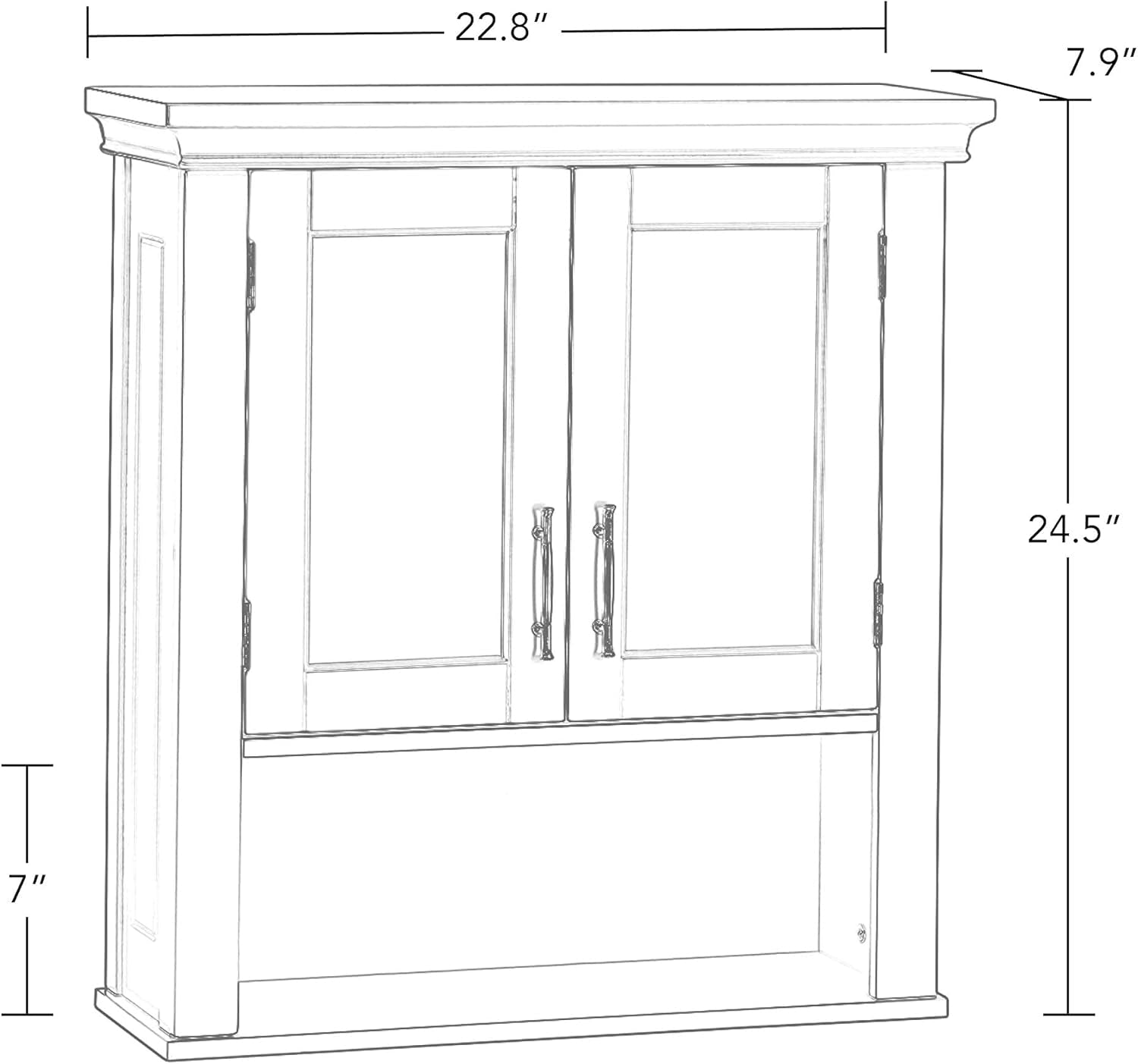 Line-drawing of the cabinet with labeled assembled dimensions 22.8" W x 7.9" D x 24.5" H