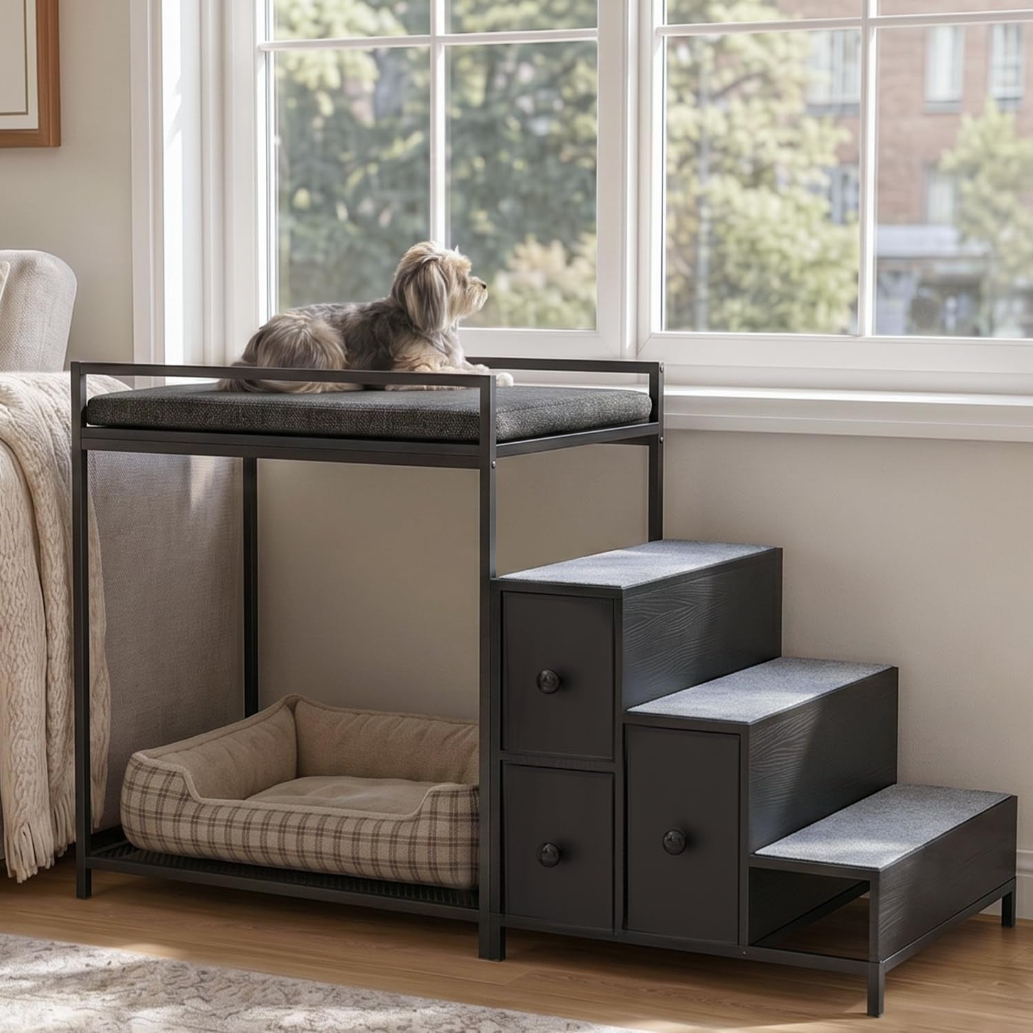 Same elevated pet bunk with a dog on the top pad, dark charcoal stepped storage and lower cozy pet bed underneath.