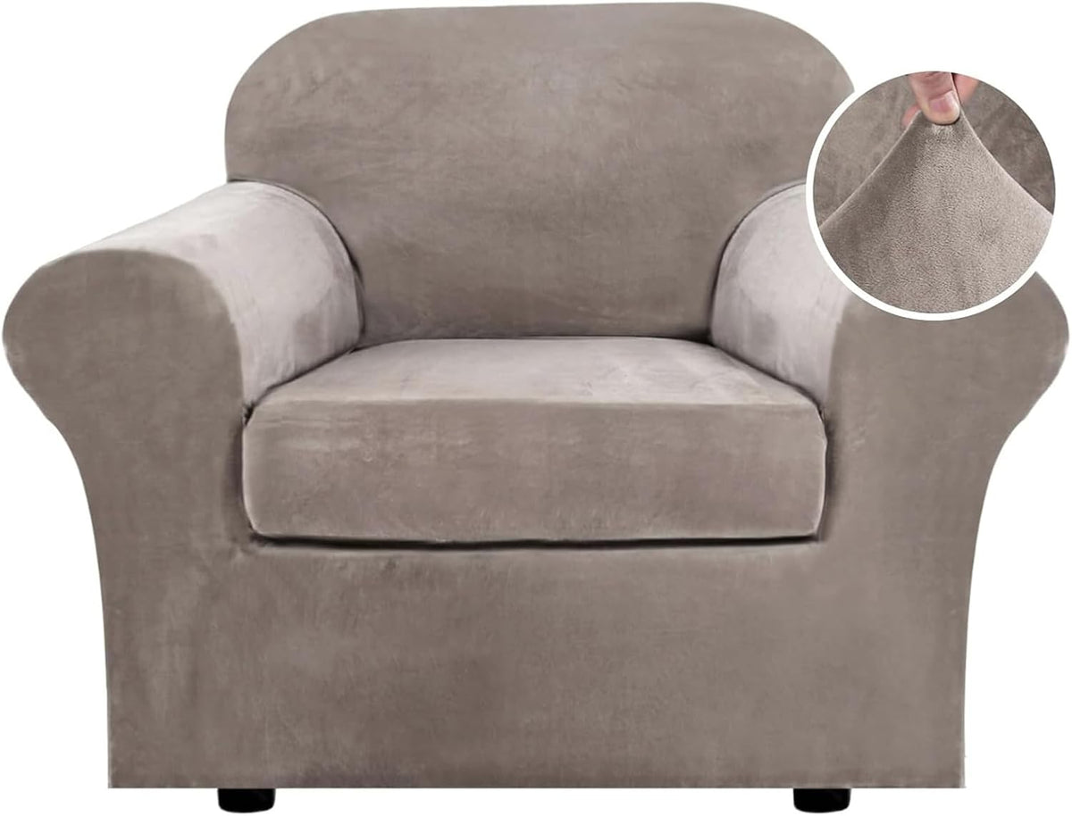 Front view of a single-seat armchair in taupe velvet slipcover with a circular close-up showing the fabric texture.