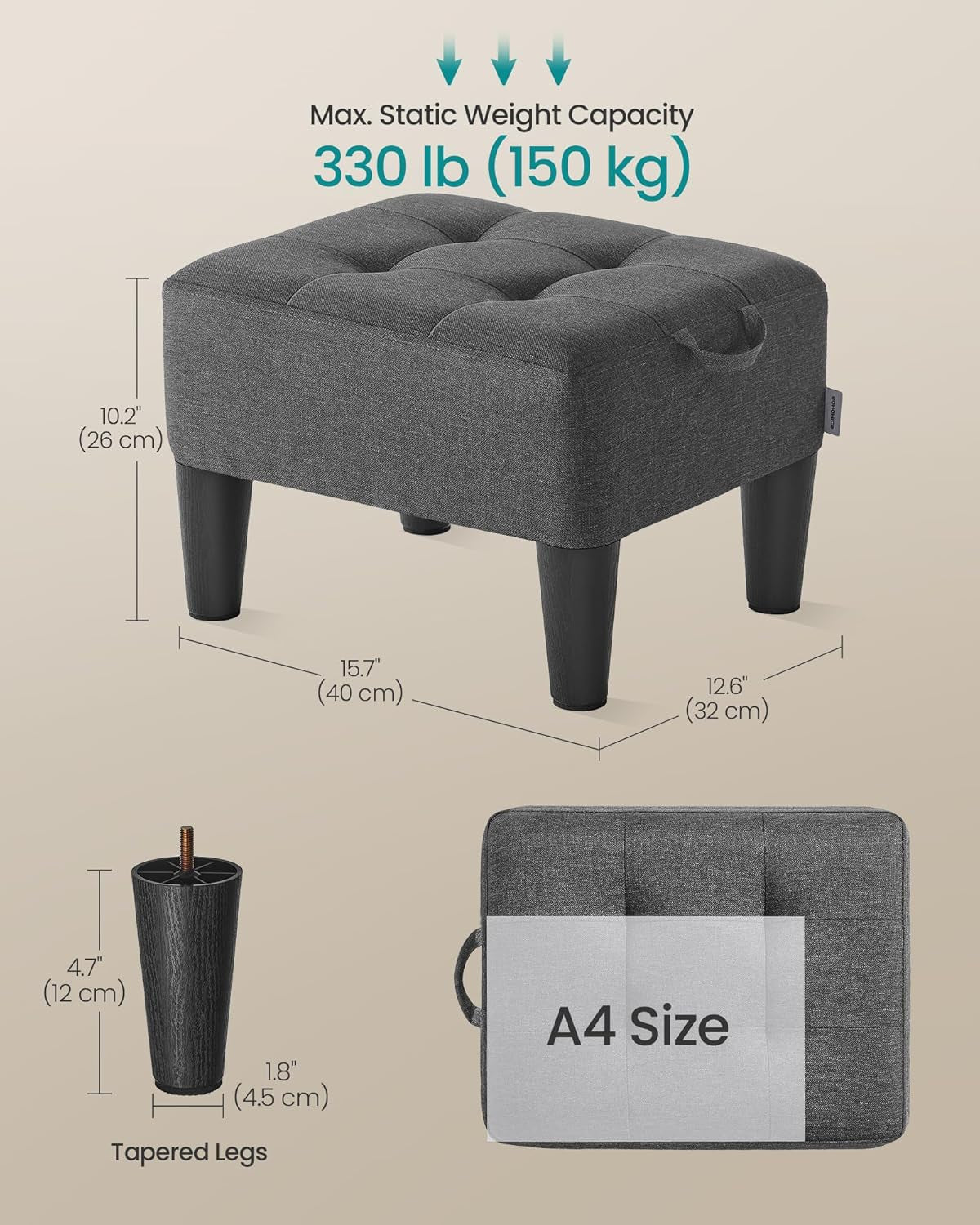 Graphic view of ottoman with dimensions labeled and a tapered leg close-up on a neutral background