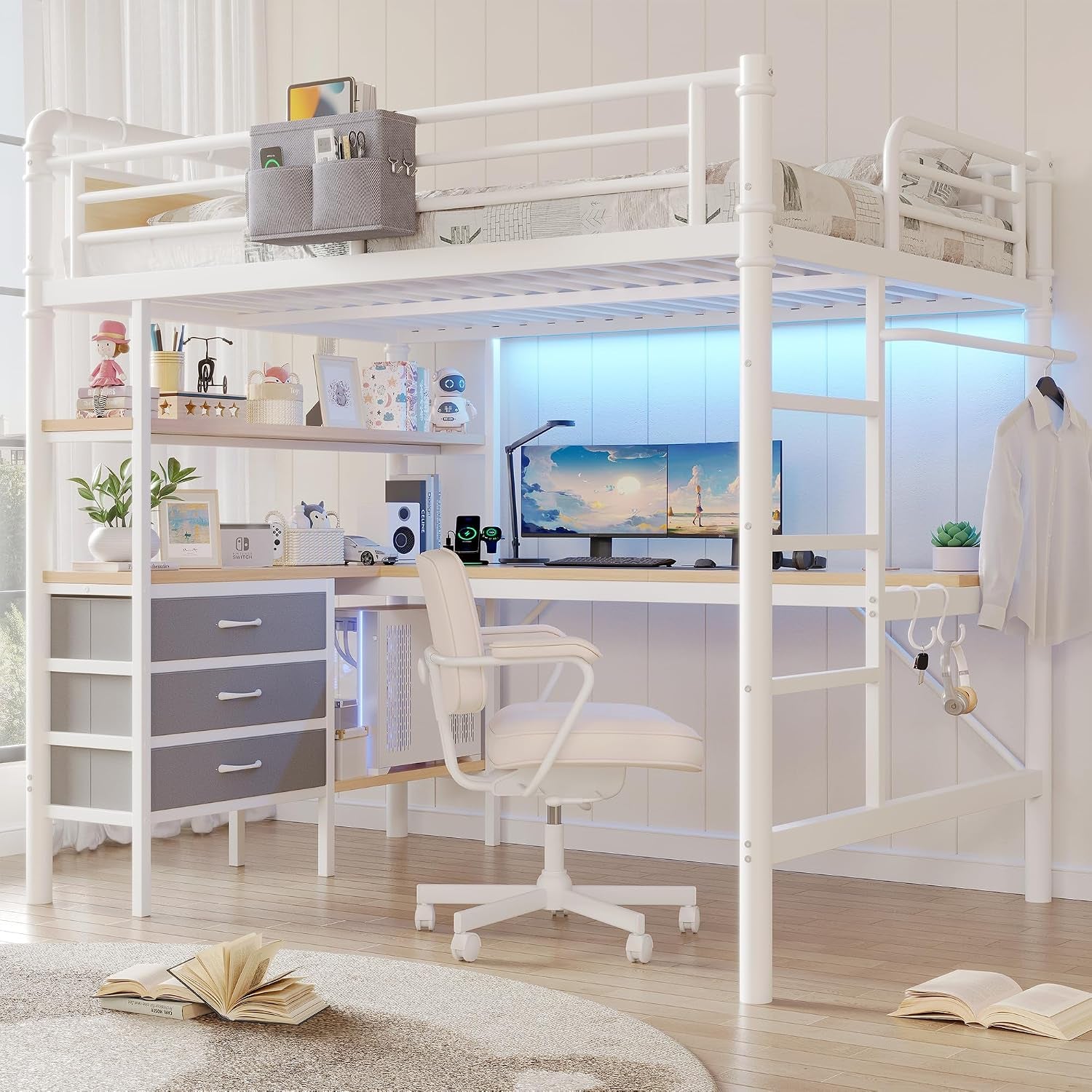 Angled view of a white loft bed showing the upper guardrail, ladder, desk workspace and rolling chair.