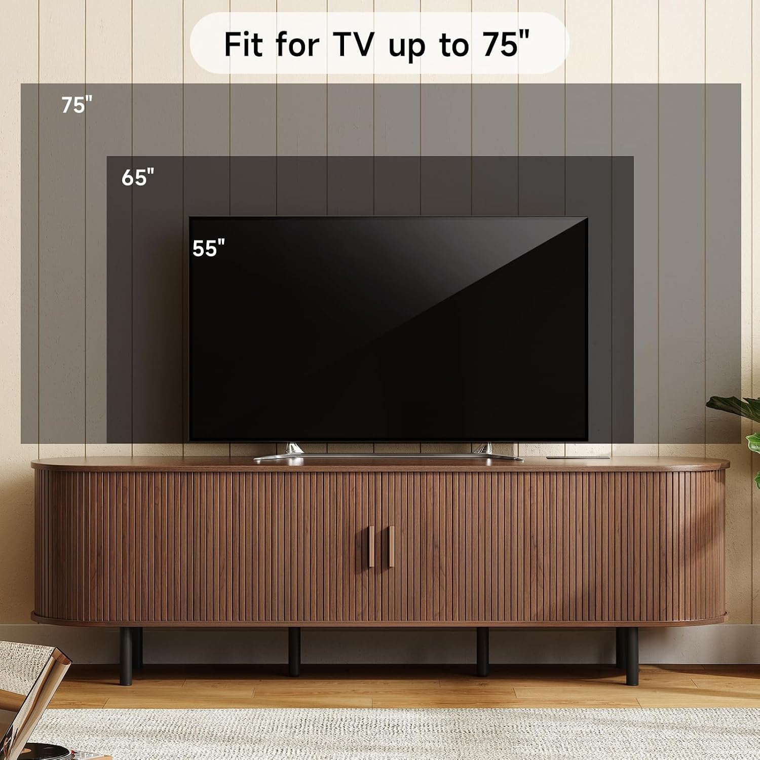 Graphic showing TV size comparison with the walnut stand and overlay text indicating fit for TVs up to 75 inches