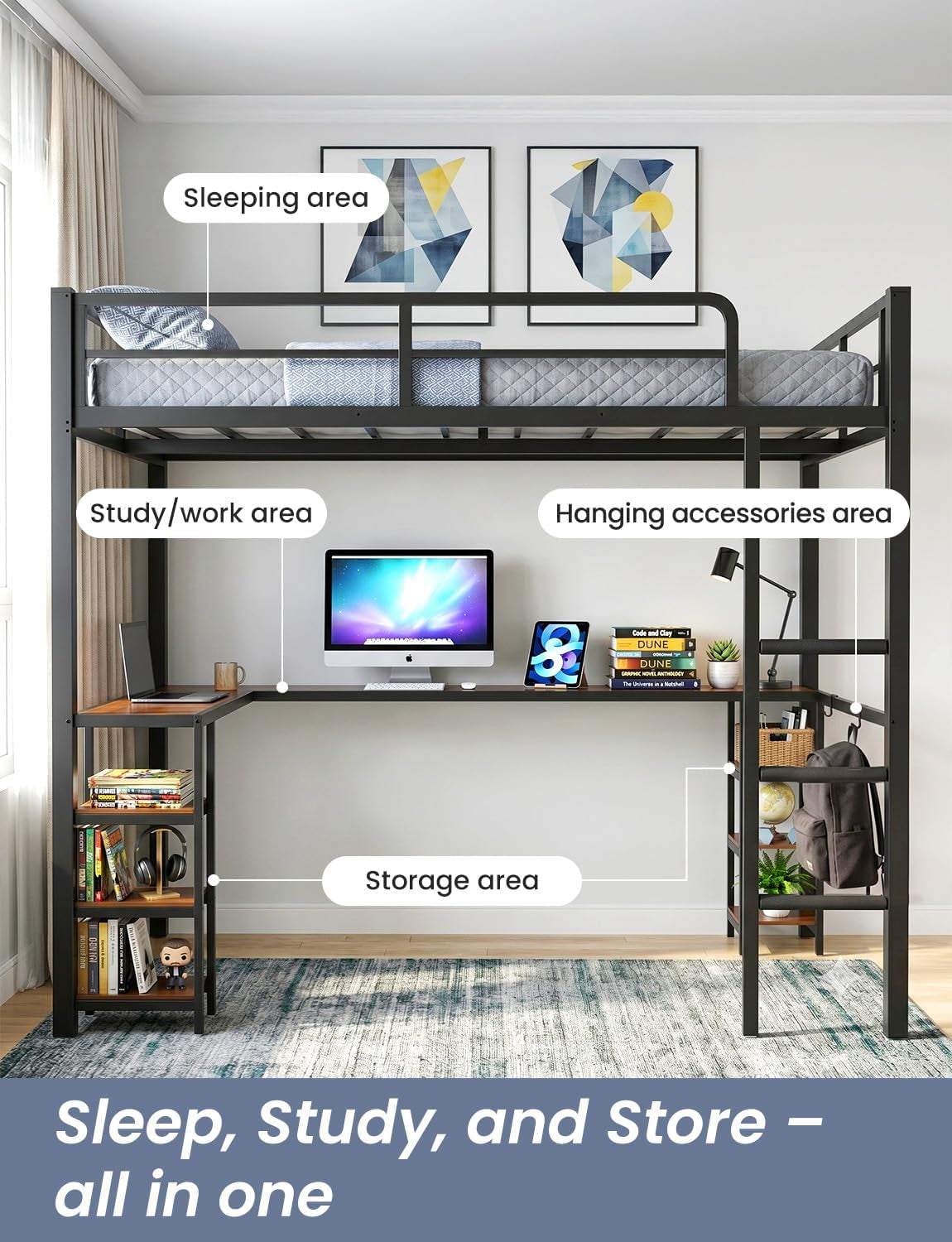 Loft bed staged as workspace: computer on desk, left shelving with books, right side used for hanging bag.