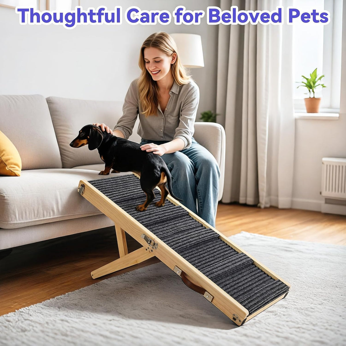Product collage on white background showing five angled positions, folded top view and a dachshund on a dark gray ramp
