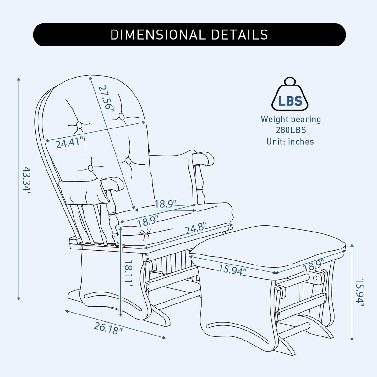 Line drawing with dimensional callouts and a weight capacity icon for the glider and ottoman.