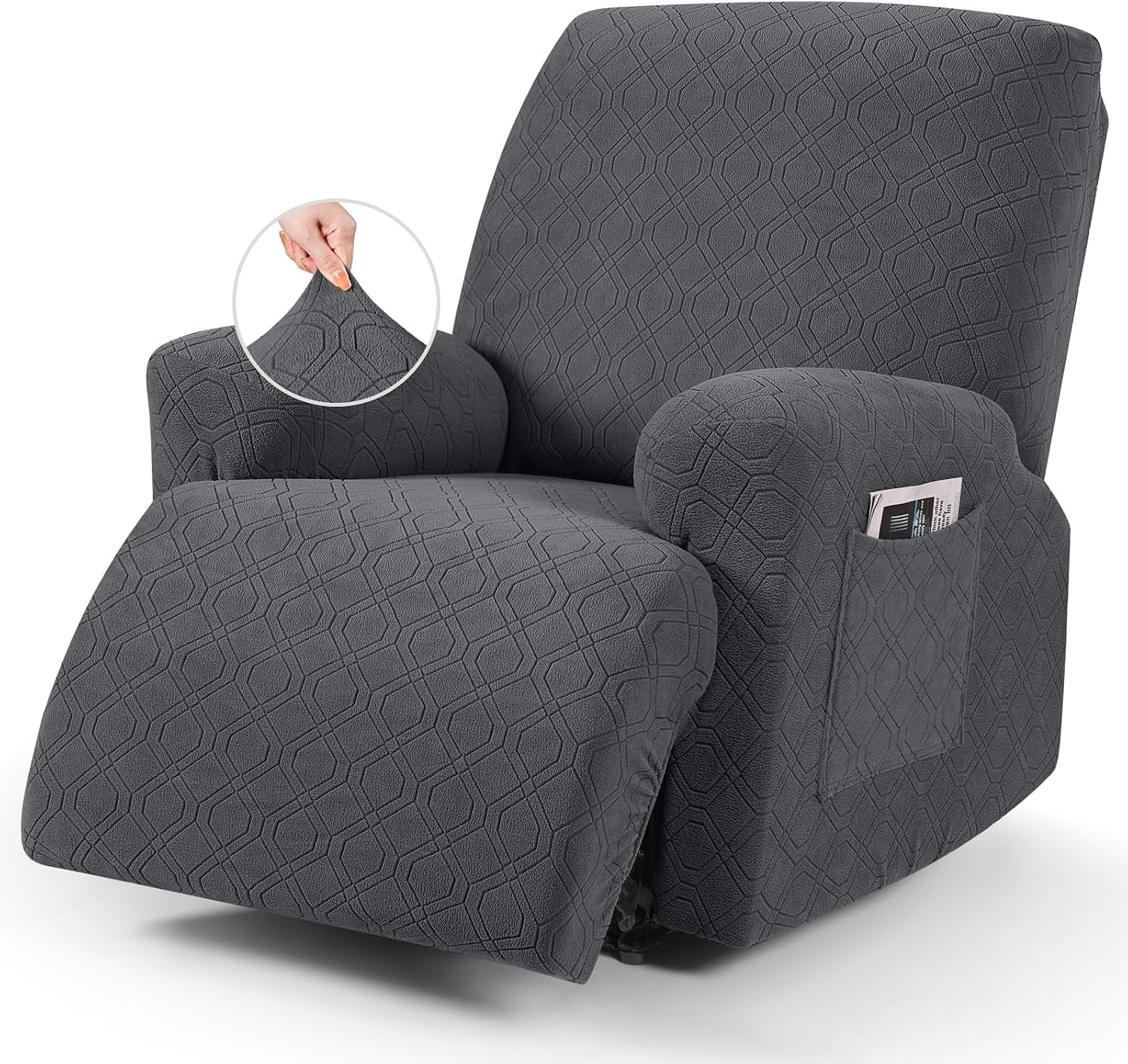 Single recliner covered in dark gray textured stretch slipcover with arm pocket and extended footrest.