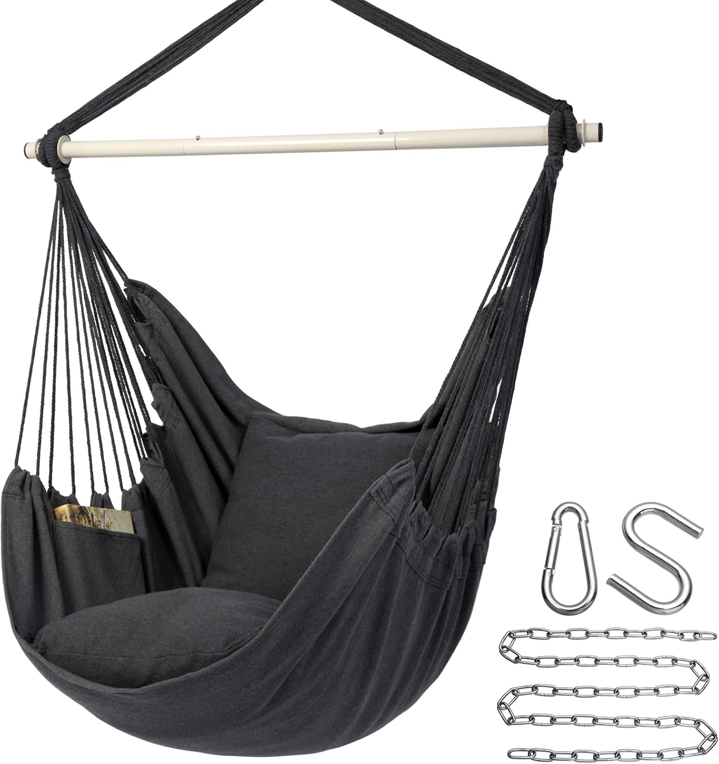 Dark gray cotton hanging chair with matching cushions and pocket, black suspension ropes and included hardware