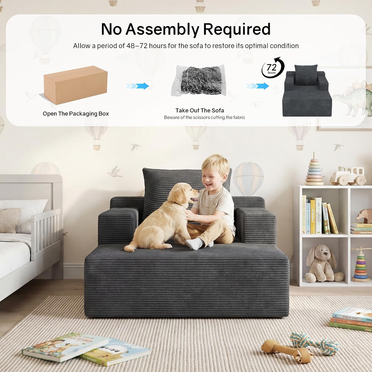 Front view of the dark gray corduroy chaise in a nursery with a boy sitting on it and a puppy, packaging/assembly graphic