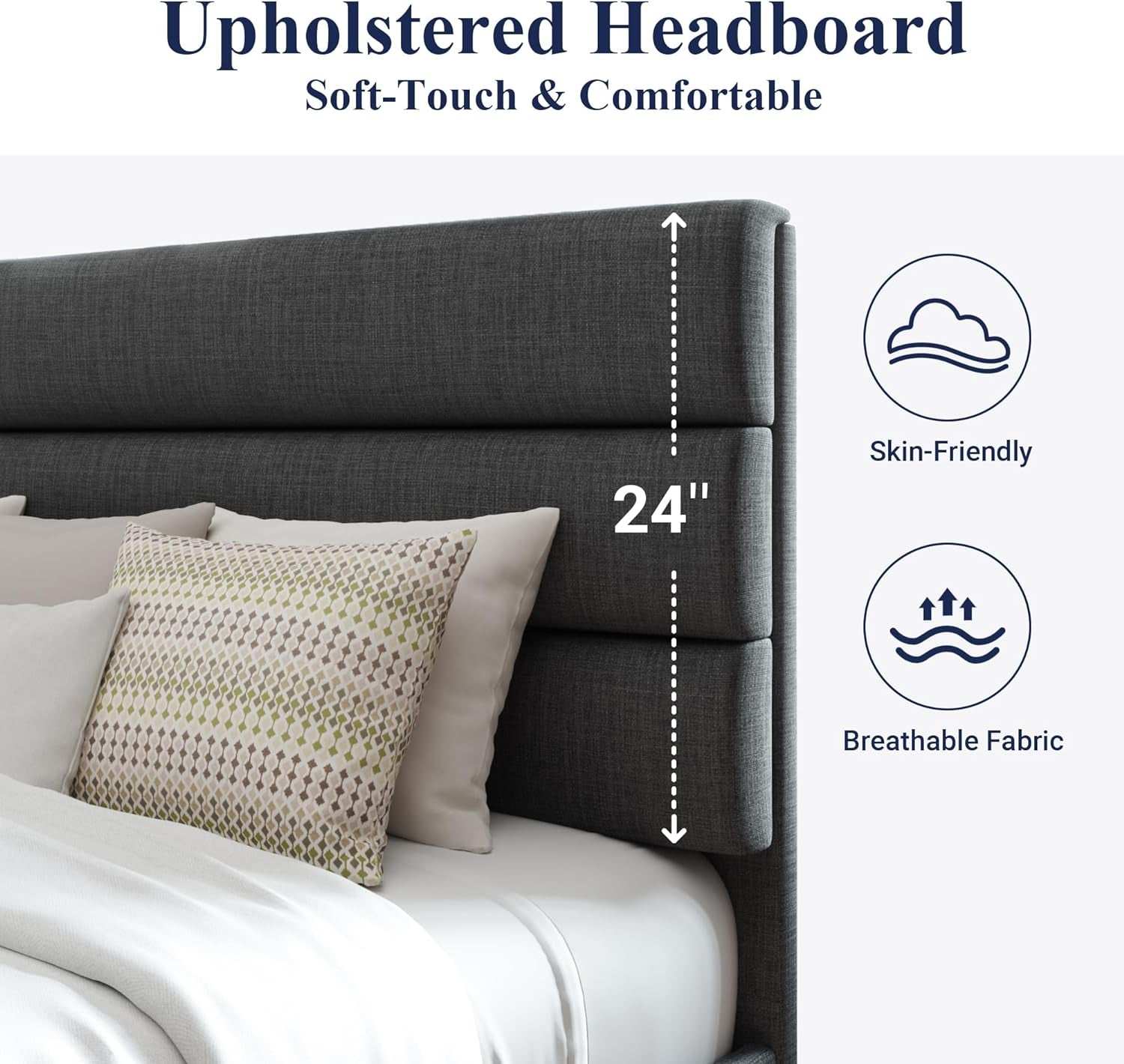 Close-up graphic of the dark gray three-panel headboard with a 24-inch marker and fabric feature icons.