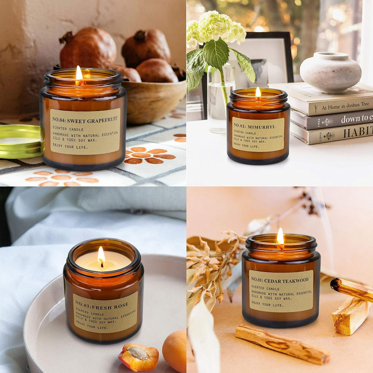Grid of four scenes showing lit amber jar candles in different home settings