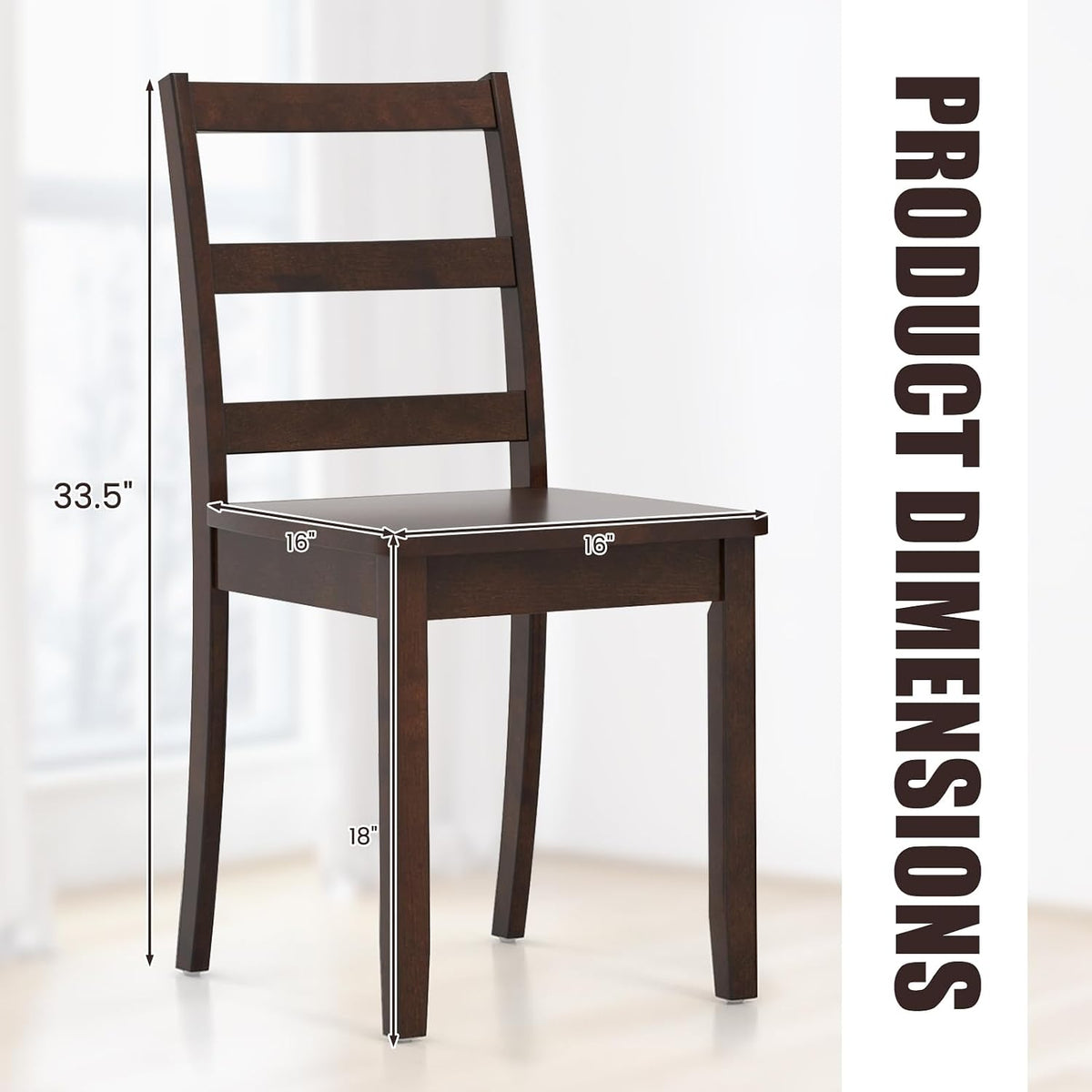 Dark brown ladder-back dining chair shown with labeled height and seat dimensions.