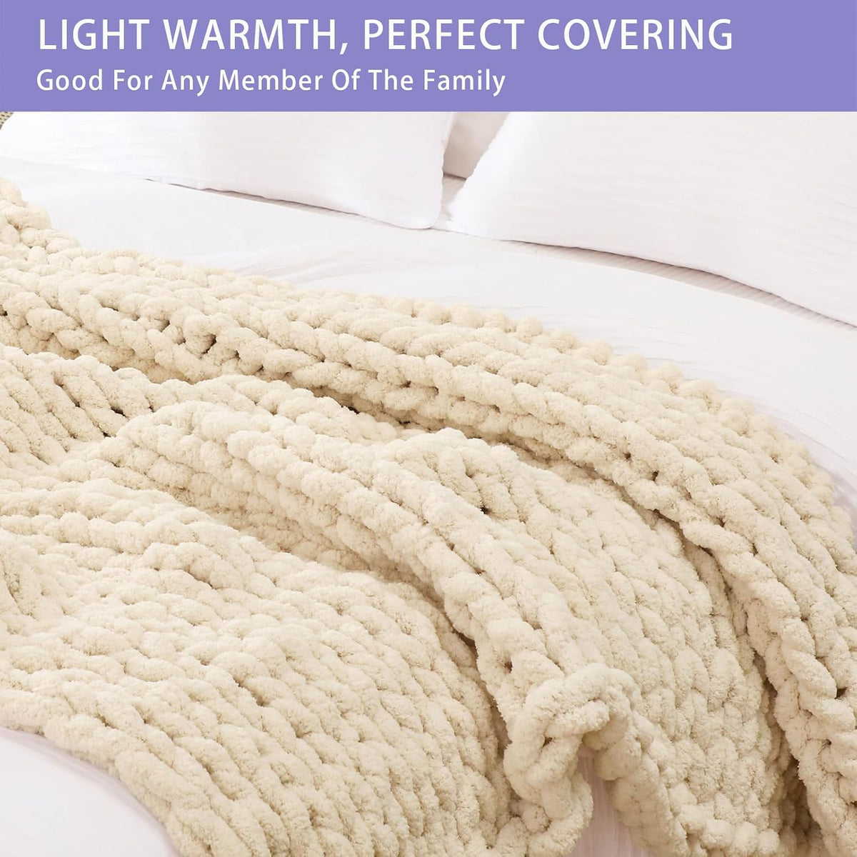Close-up of the thick looped stitches and plush texture of the beige chunky knit blanket on a bed