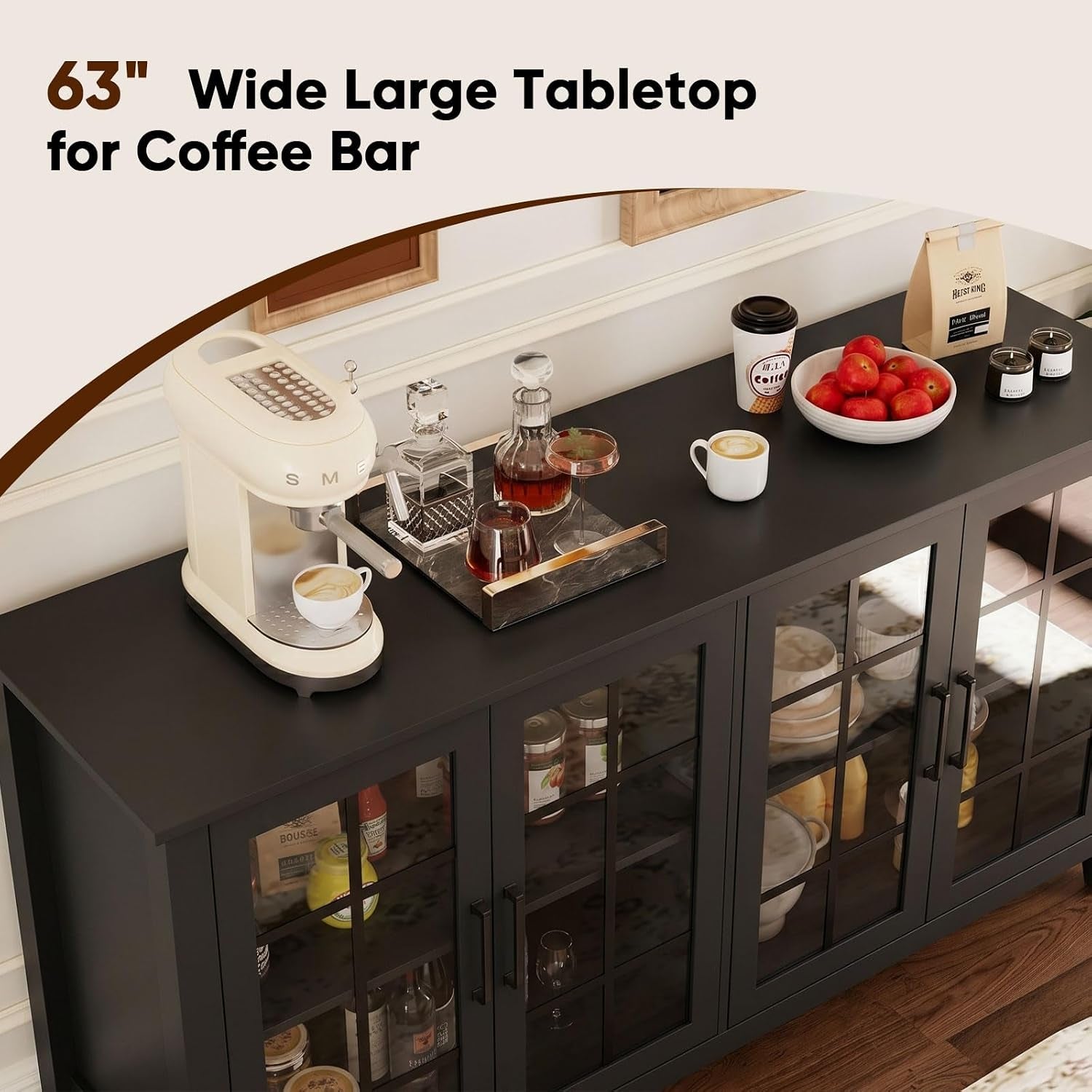 Top-down view of the black buffet cabinet showing the 63-inch tabletop staged with a coffee maker and accessories