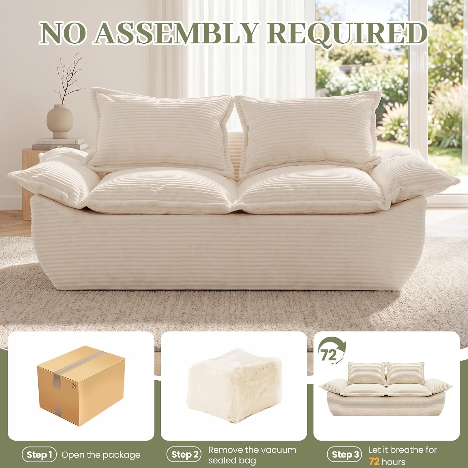 Front-facing cream sofa on a rug with step-by-step packing icons below