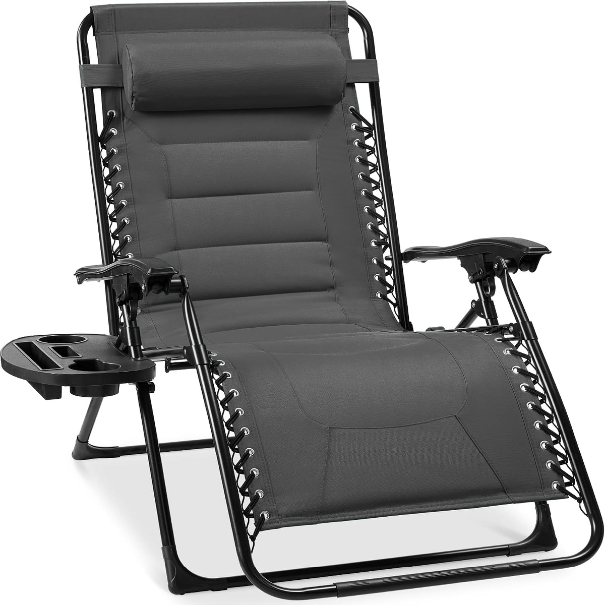 Angled close crop showing the chair's padded seat and head pillow, laced side panels, black frame and attached side tray.