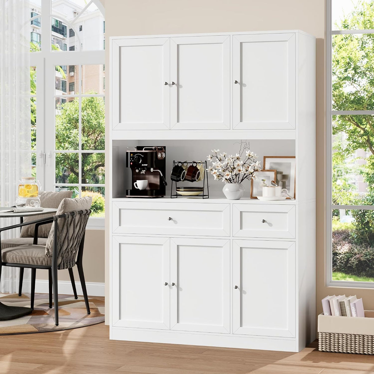 White 72-inch kitchen pantry hutch front view with open microwave shelf and closed cabinets in a bright dining area