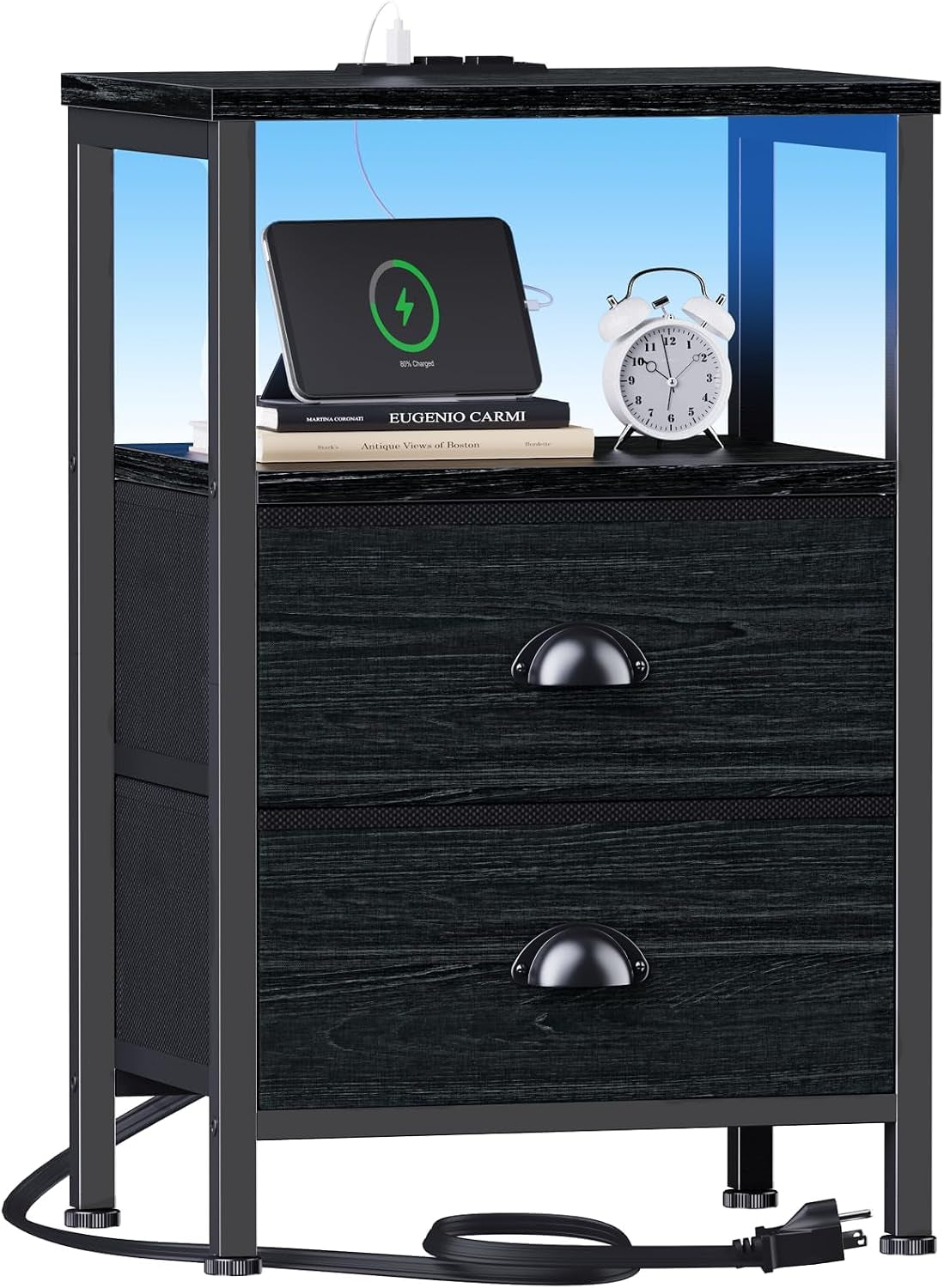 Single black nightstand showing two textured drawers, metal cup pulls and tabletop charging station