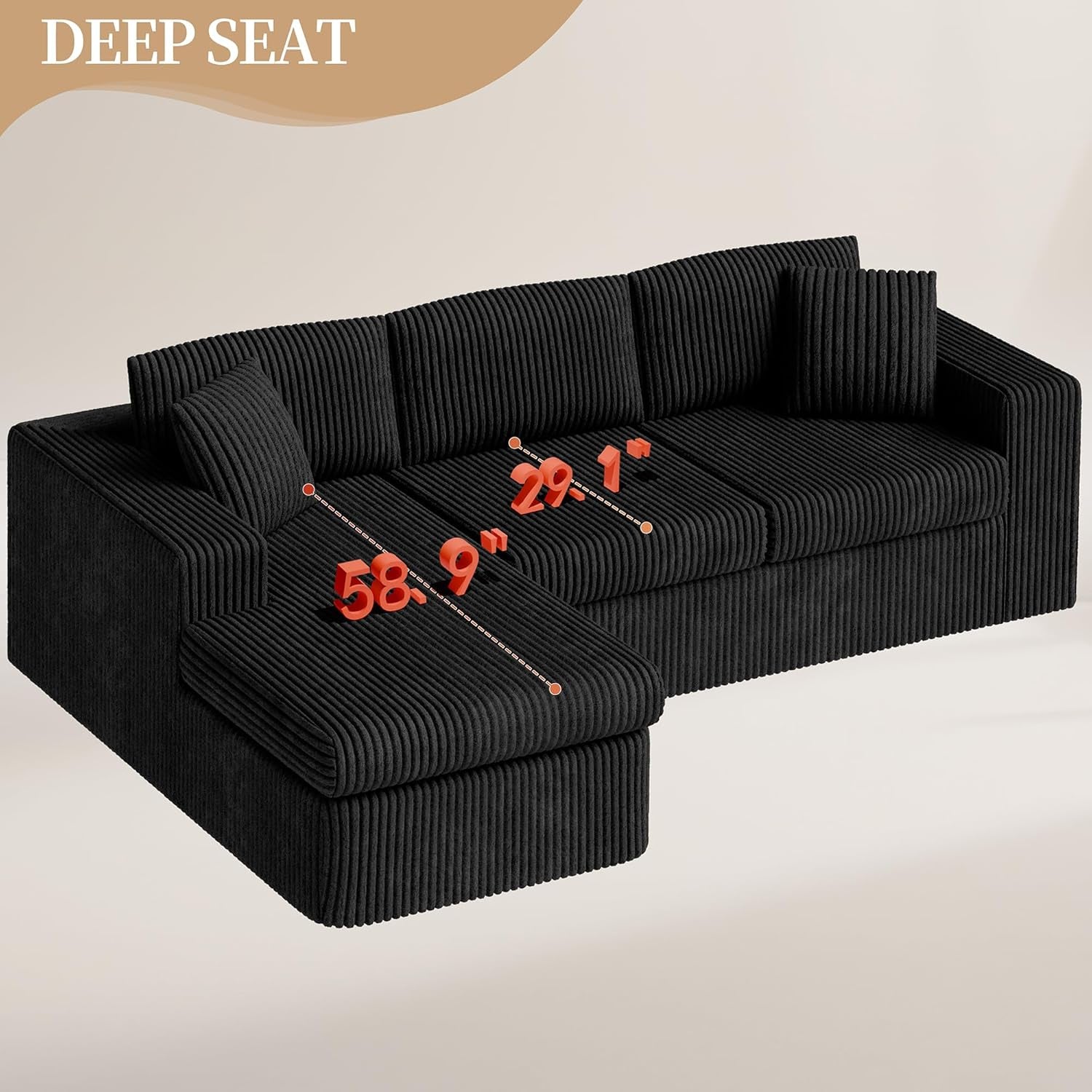 105" Boneless Couches for Living Room, Sectional Couches Modular Sofa with L-Shaped Chaise, Memory Foam Comfy Cloud Couch with Plush Corduroy Fabric, No Assembly Required, Black