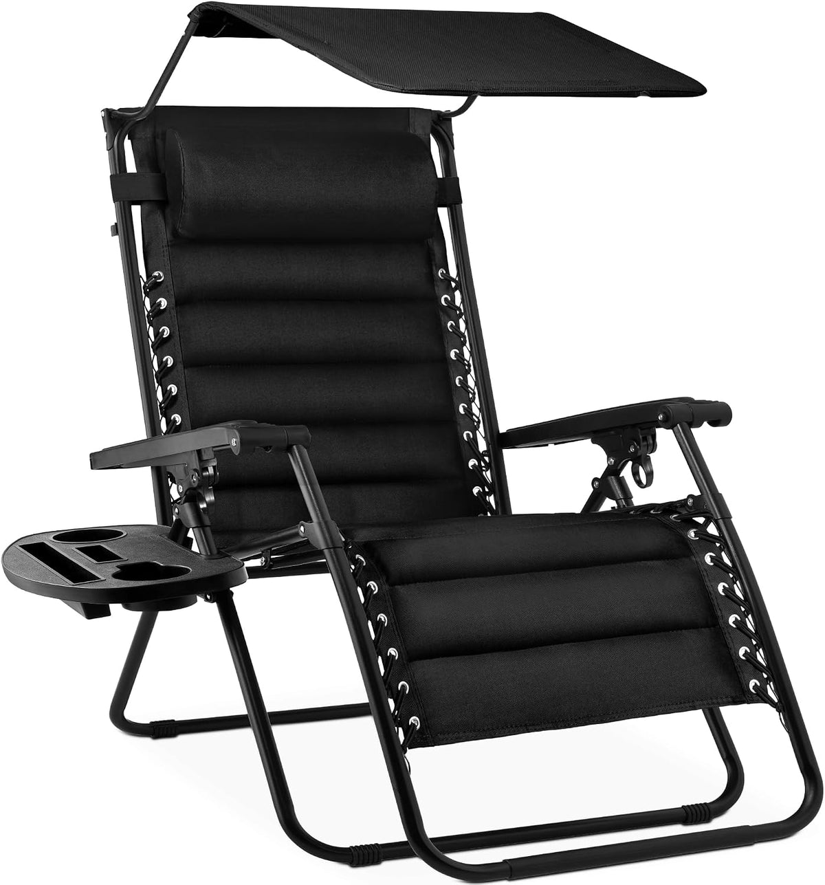 Black recliner pictured at an angle focusing on black frame, canopy and textured cup tray