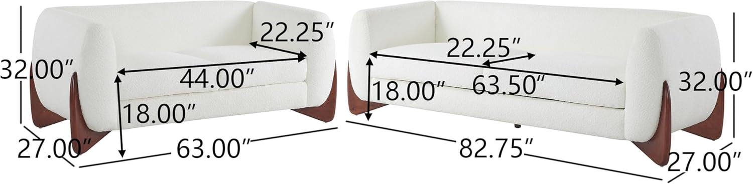 White bouclé sofa and loveseat with black dimension lines and measurements showing seat depth and overall lengths
