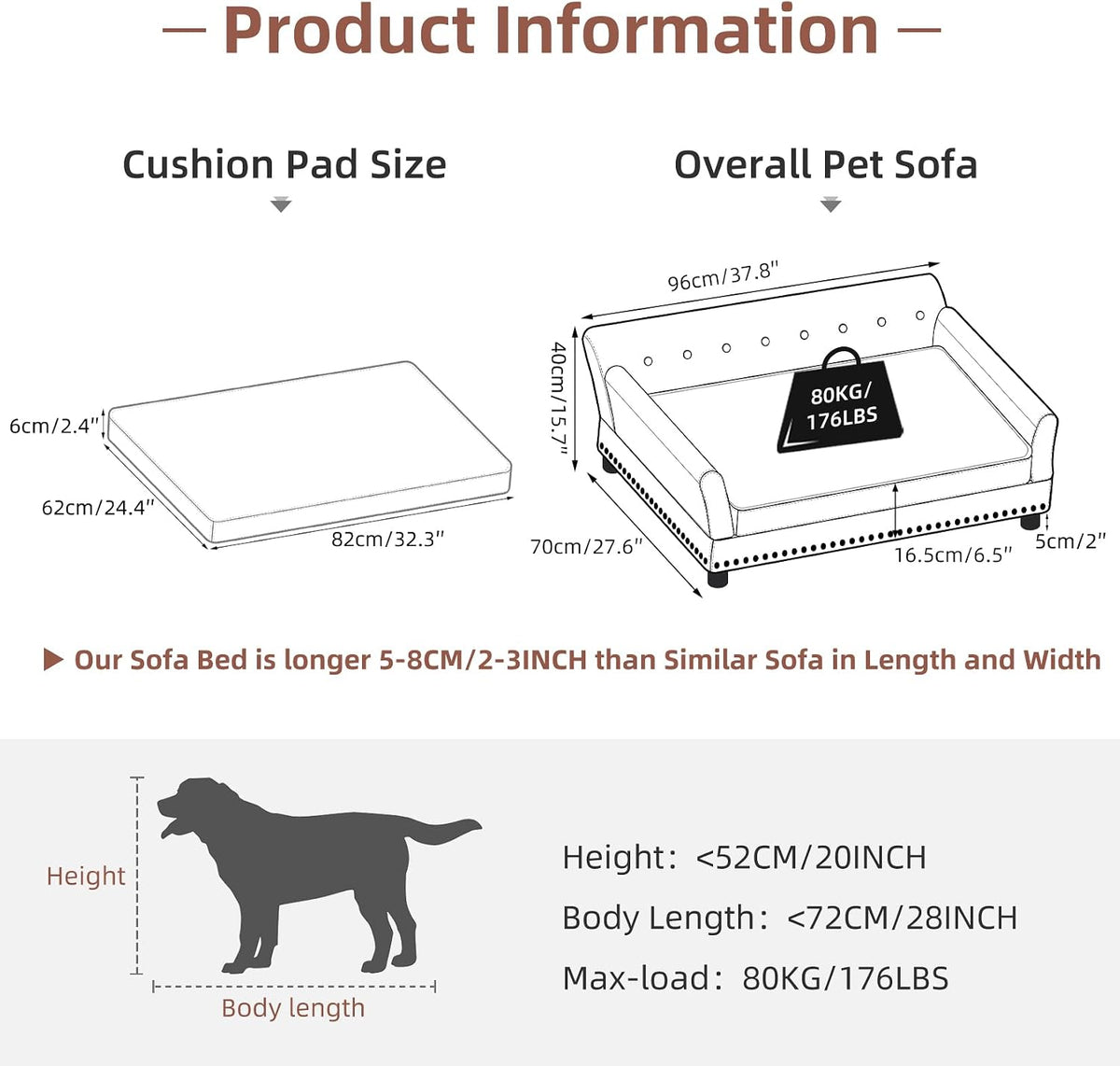 Line-drawing dimension diagram showing cushion and overall pet sofa layout with measurement callouts