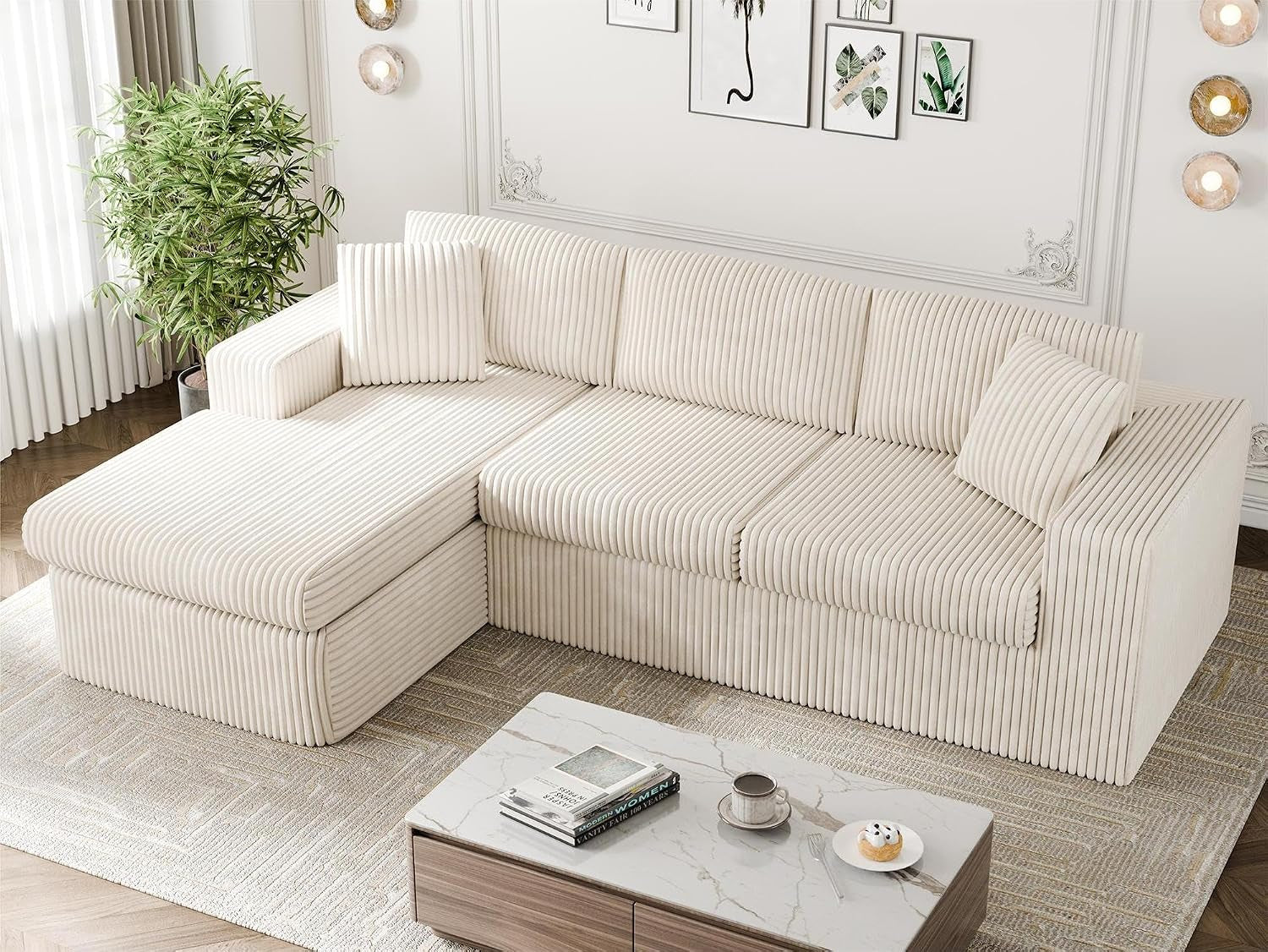 105" Boneless Couches for Living Room, Sectional Couches Modular Sofa with L-Shaped Chaise, Memory Foam Comfy Cloud Couch with Plush Corduroy Fabric, No Assembly Required, (Beige)
