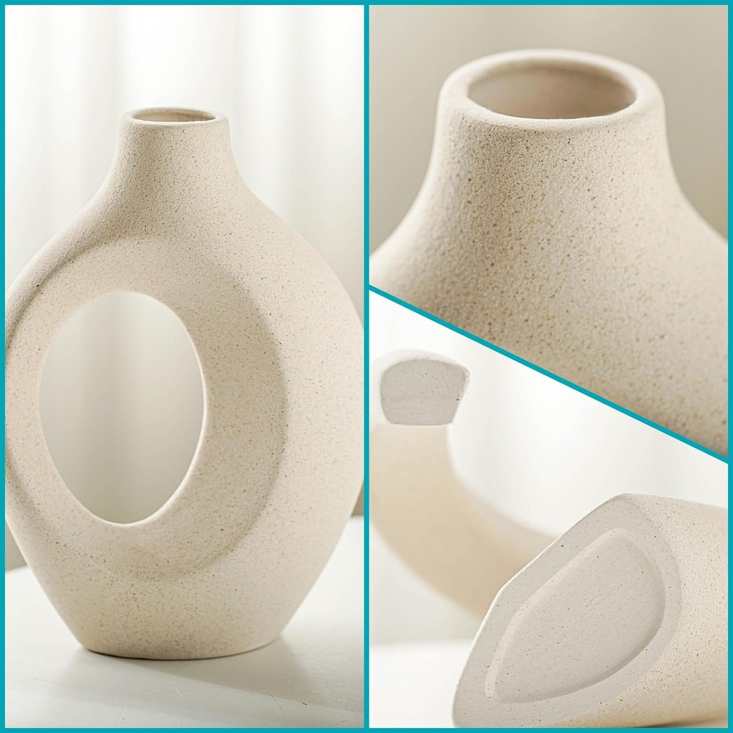 Three-panel close-ups showing frosted grain texture, neck opening and base of the beige ceramic vase