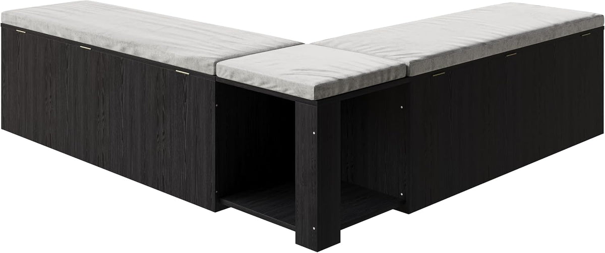 Isolated L-shaped bench in a corner configuration on white background, showing open center cubby