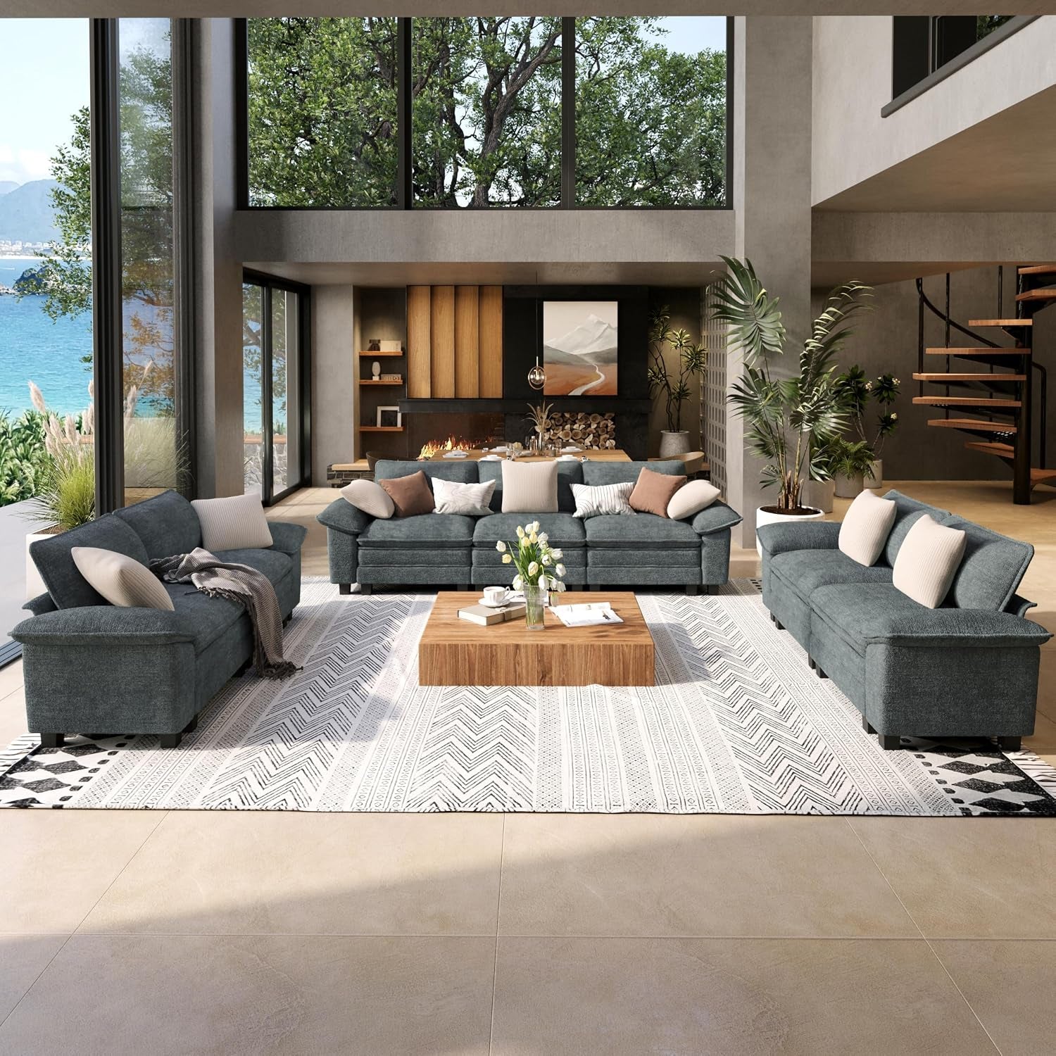 Spacious room with a teal three-seat sofa and matching loveseat around a square wooden coffee table.