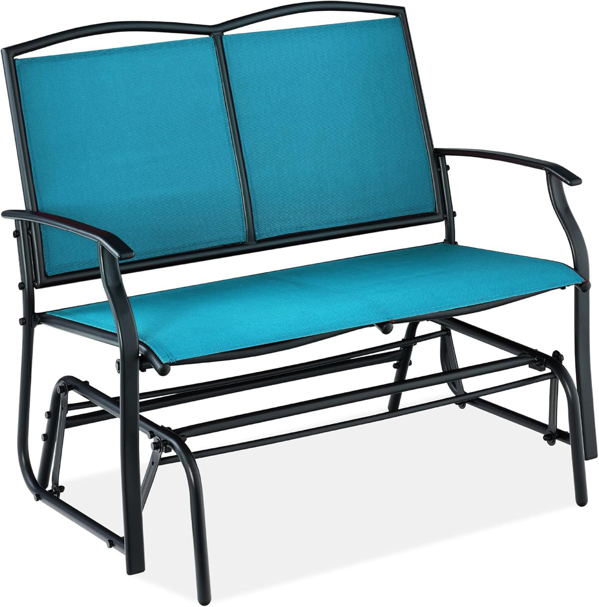 Angled front view of a two-person outdoor glider with teal textilene seats and black metal frame.