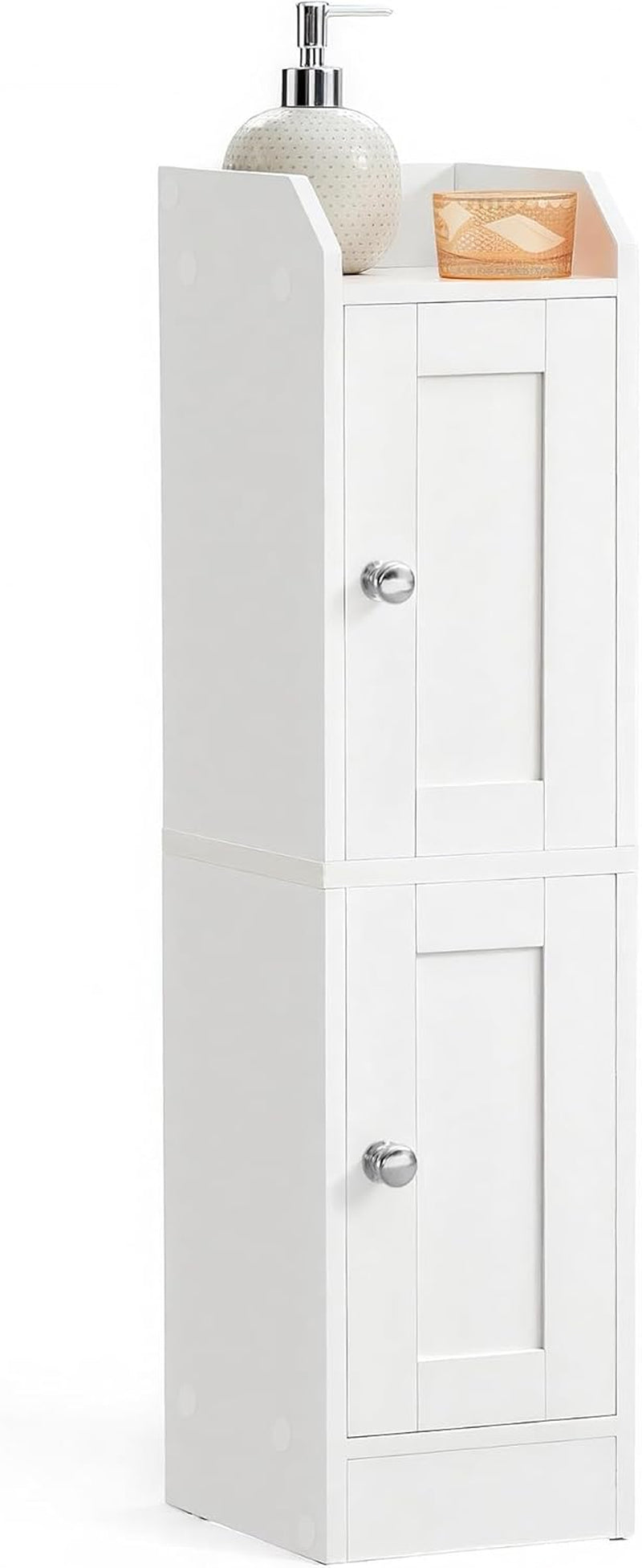 Two identical white cabinet units stacked vertically, each with a knobbed door and a top shelf with soap pump