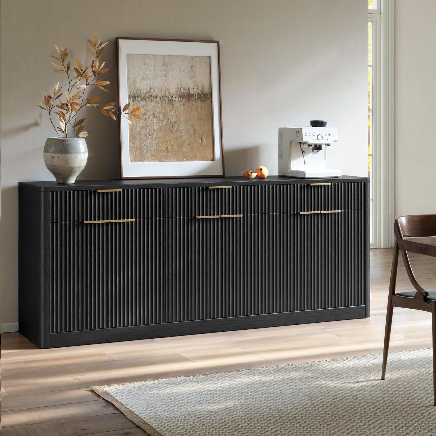 Evermagin 67" Fluted Walnut Buffet Cabinet with Storage | Mid-Century Modern Wood Sideboard, Large Credenza, gallery view 10