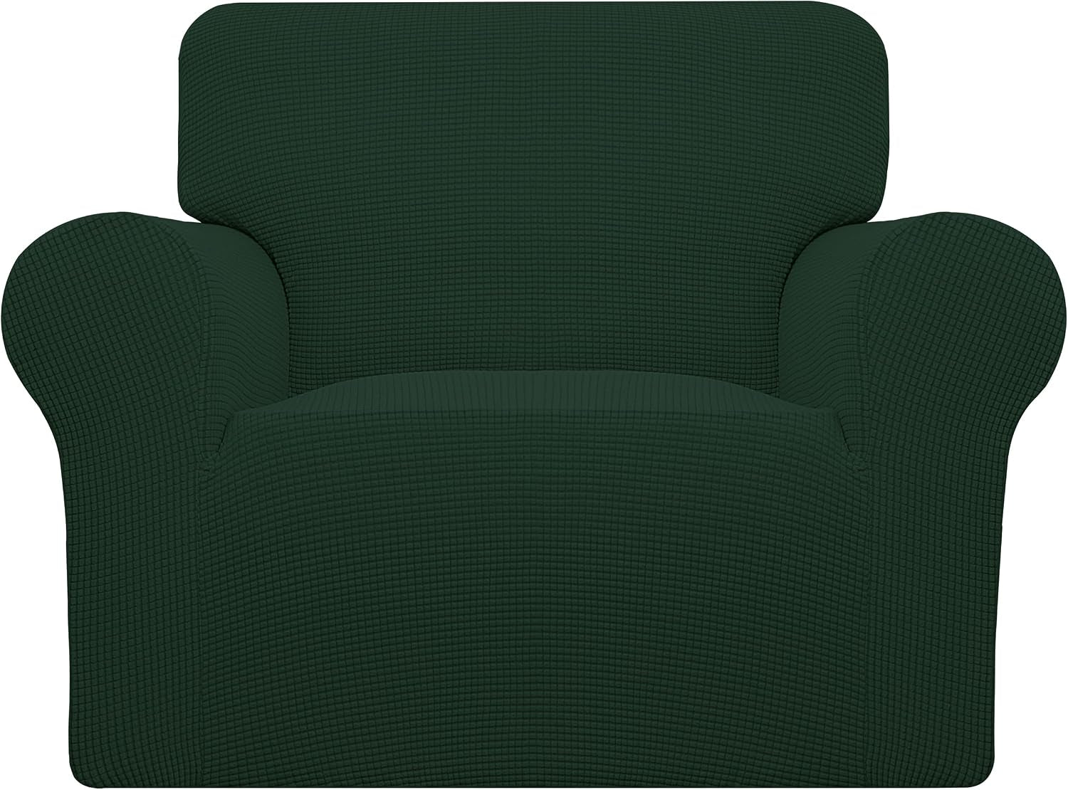 Front-facing armchair covered in a deep forest-green textured slipcover on white background.