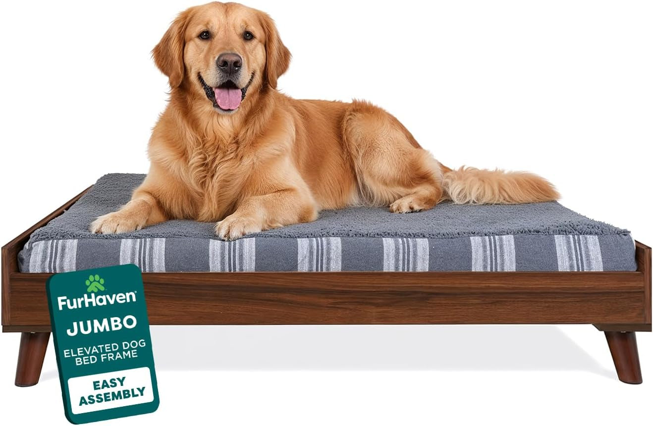 Warm brown wood elevated dog bed with gray striped cushion and a golden retriever lying on top