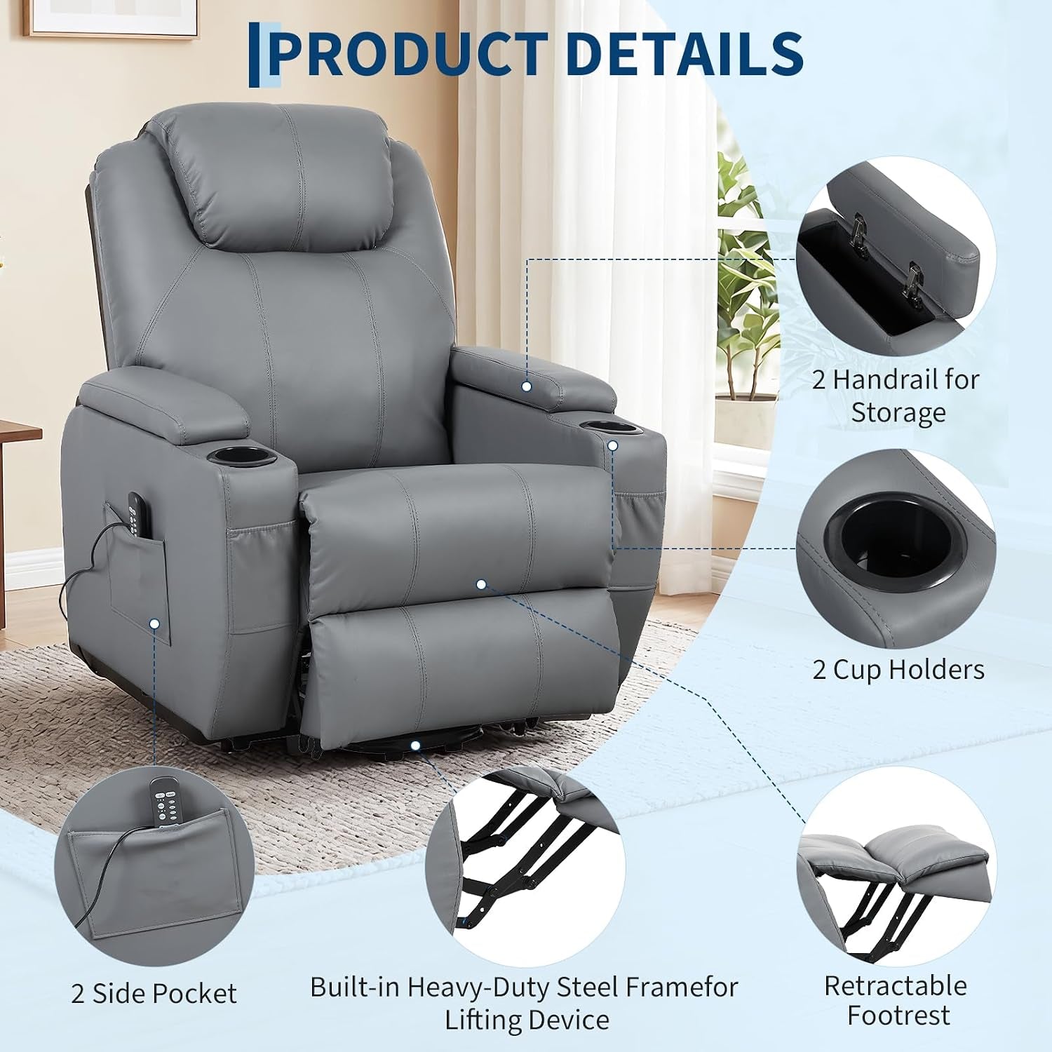Grey recliner front view with callouts for handrail storage, cup holders, side pocket and steel lift frame
