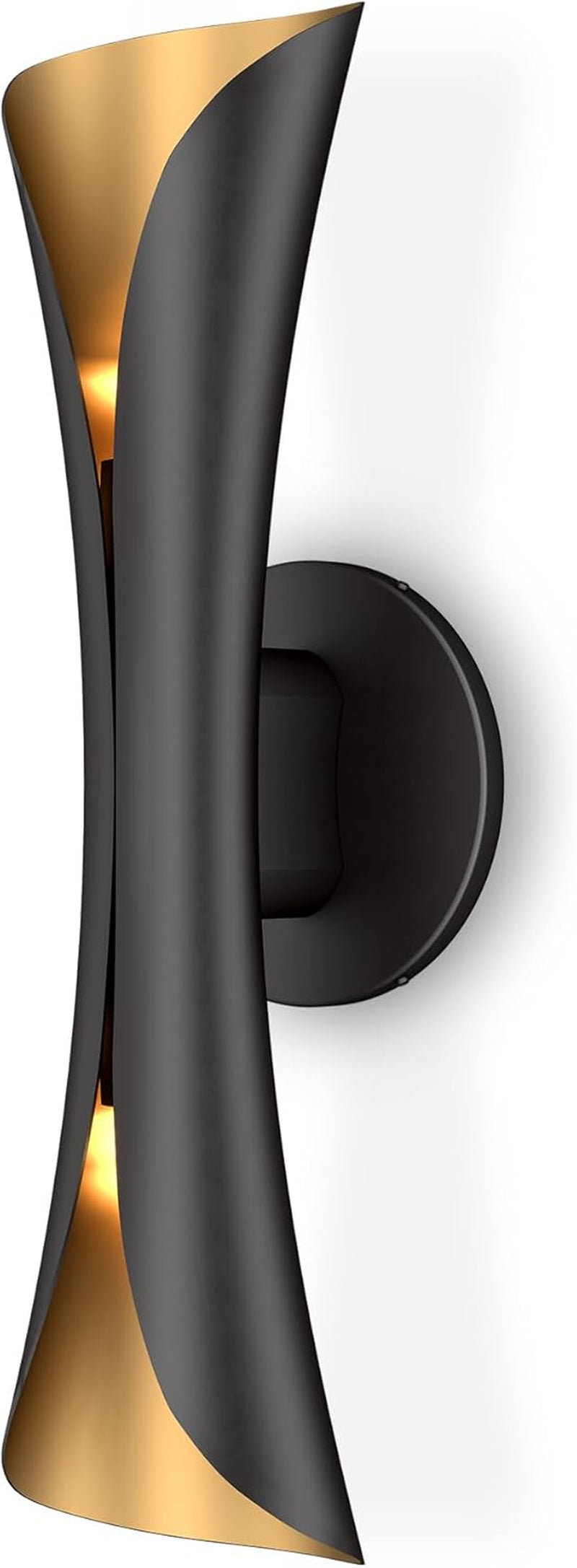 Black exterior with gold interior hourglass wall sconce close-up angled front view.