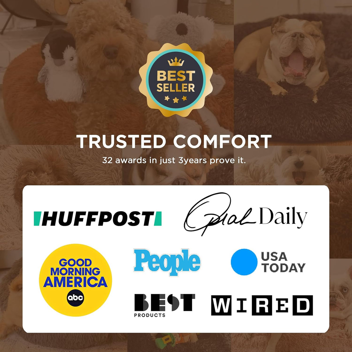 Collage of award badge and press logos over faded photos of dogs on fluffy beds.