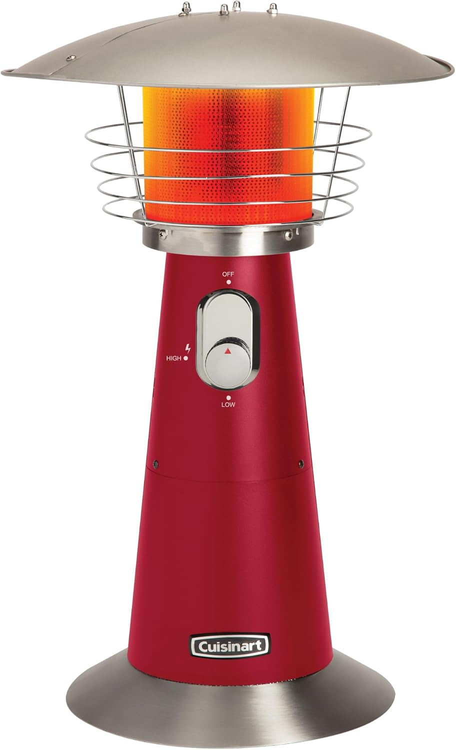 Front view of a tabletop patio heater with a red conical body and glowing orange burner