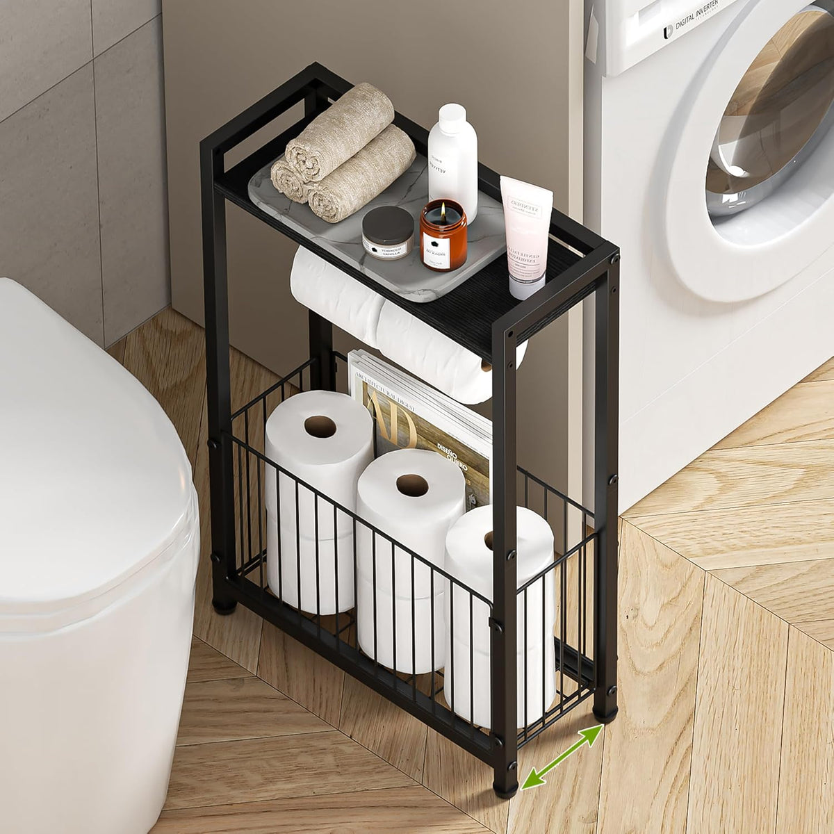 Close top-down view of a black holder showing the top shelf with toiletries, mounted roll and wire basket below.