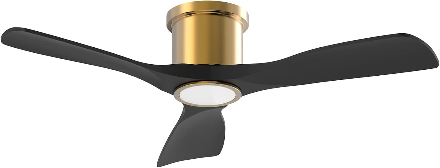 Black three-blade ceiling fan with a gold motor housing and round integrated LED, shown from below