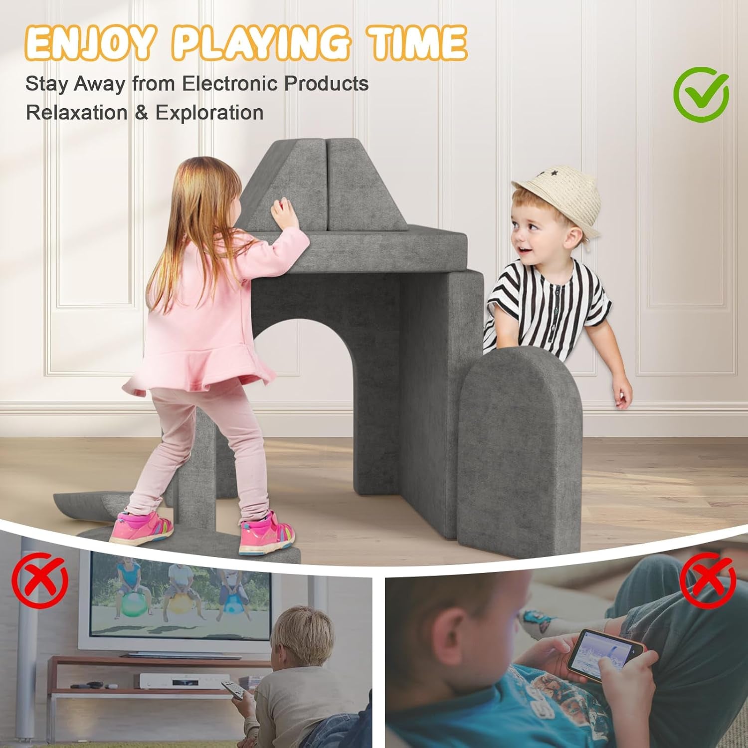 Two children play around a gray foam structure shaped like an archway while small inset photos show screen time crossed out.