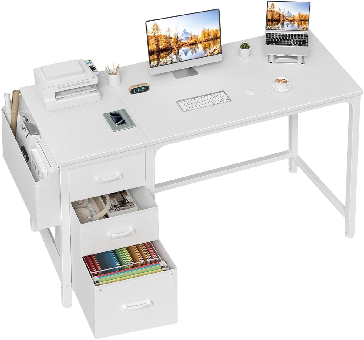 All-white desk view showing left fabric file pocket and three pull-out drawers, staged with monitor and printer.