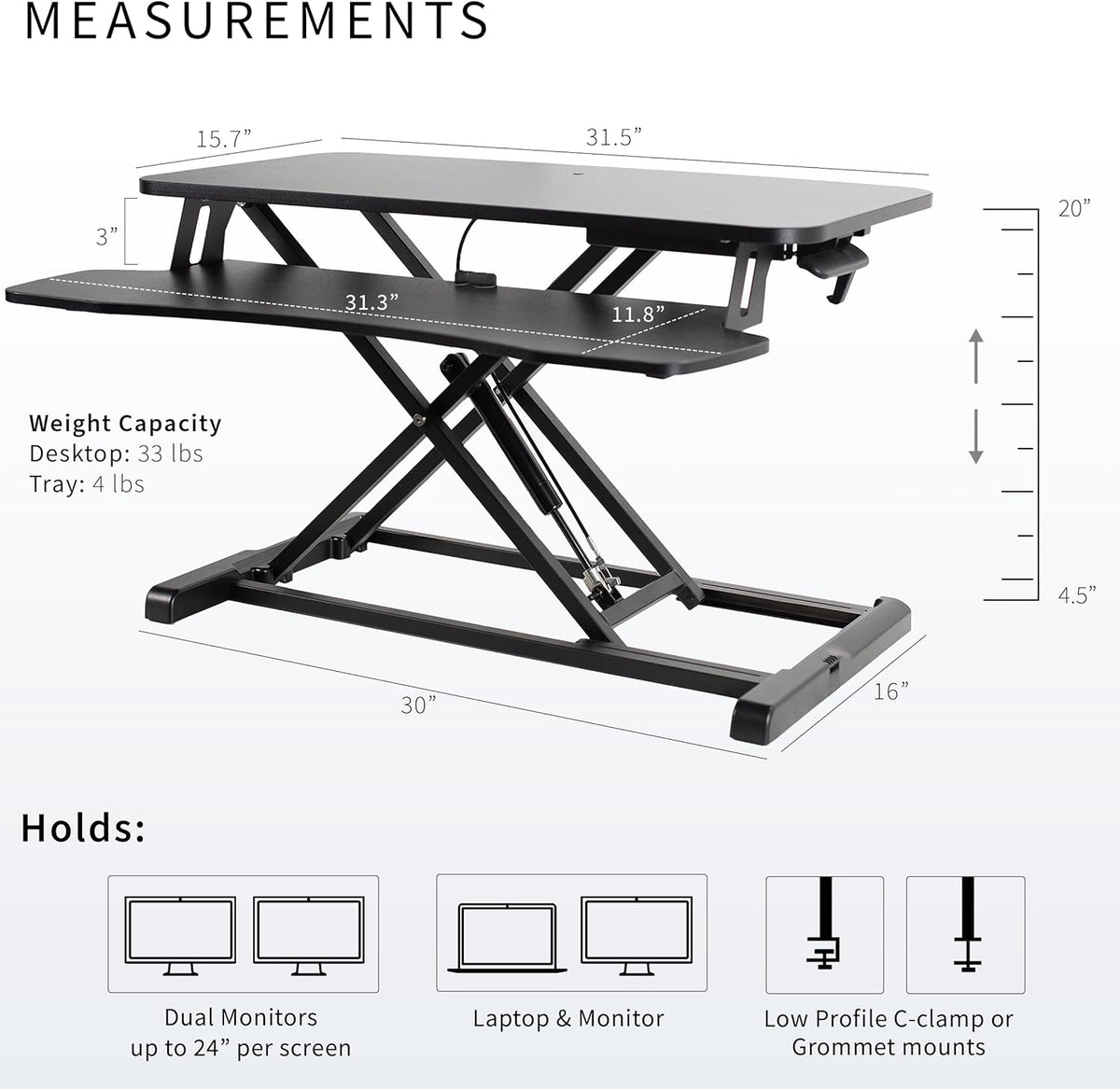 Side view diagram of the standing desk converter showing measurement callouts and height range arrows.