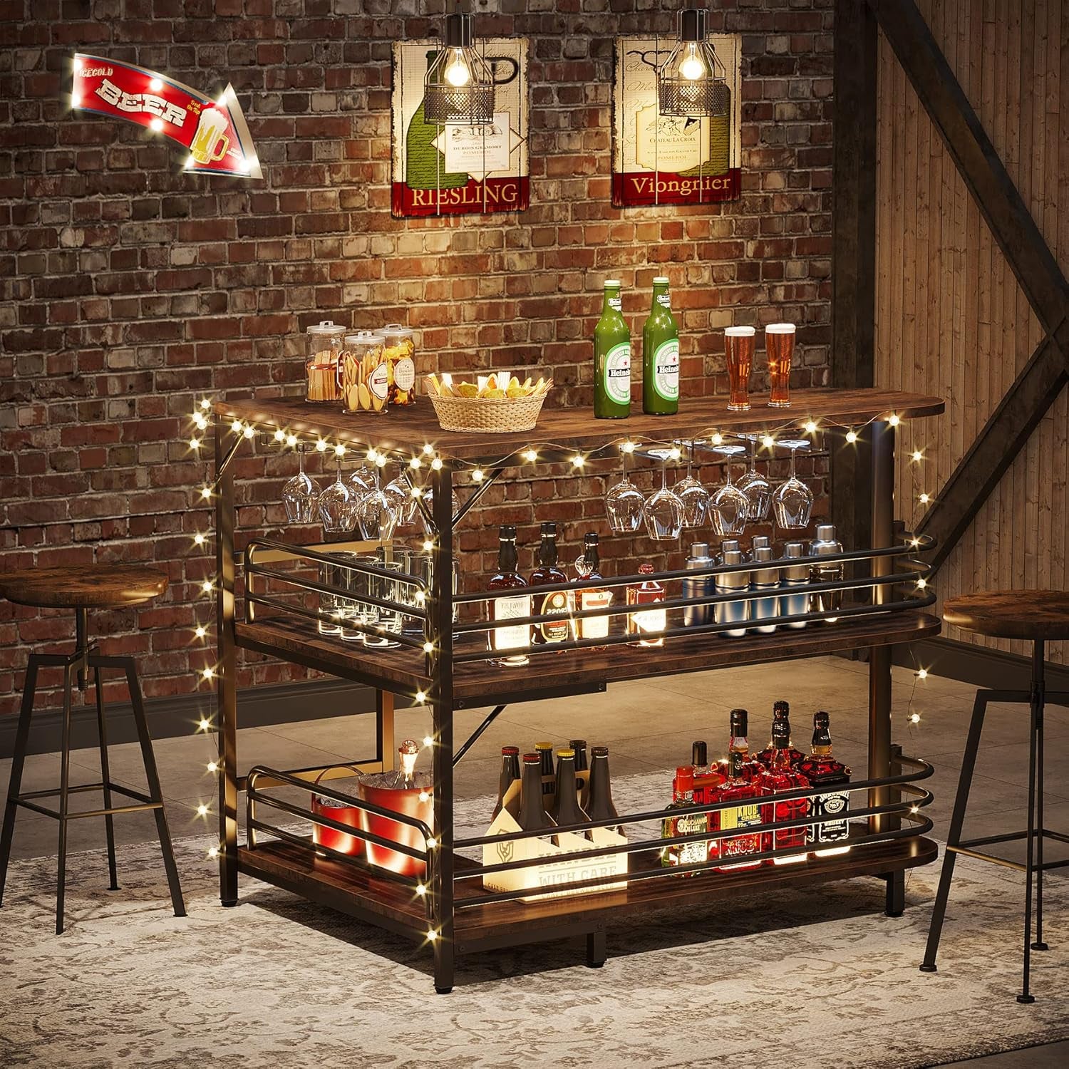 Brown L-shaped bar in a bar-style setting with string lights and bottles displayed on the lower shelves