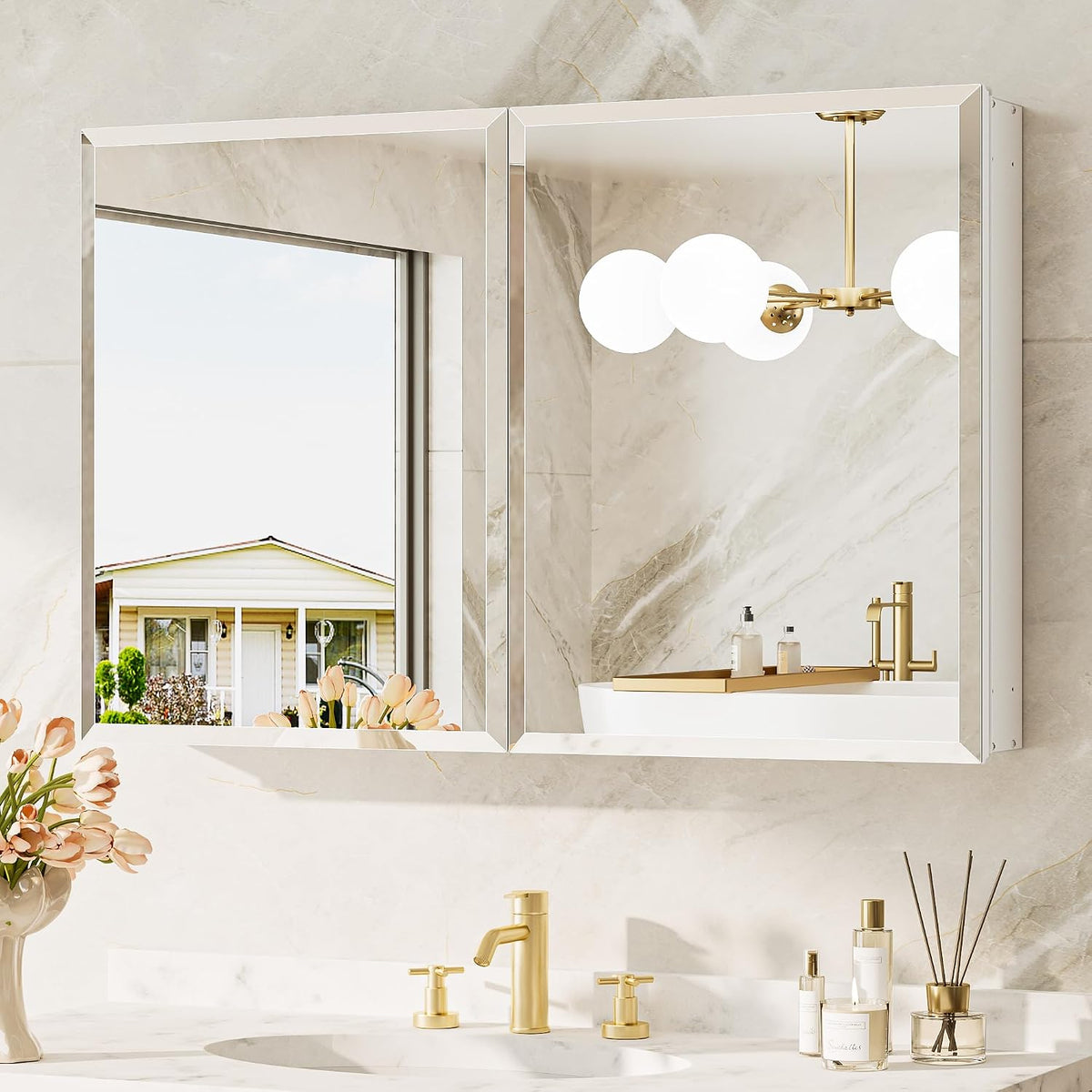 Two mirrored medicine cabinets installed side-by-side above a double-sink vanity with gold faucets