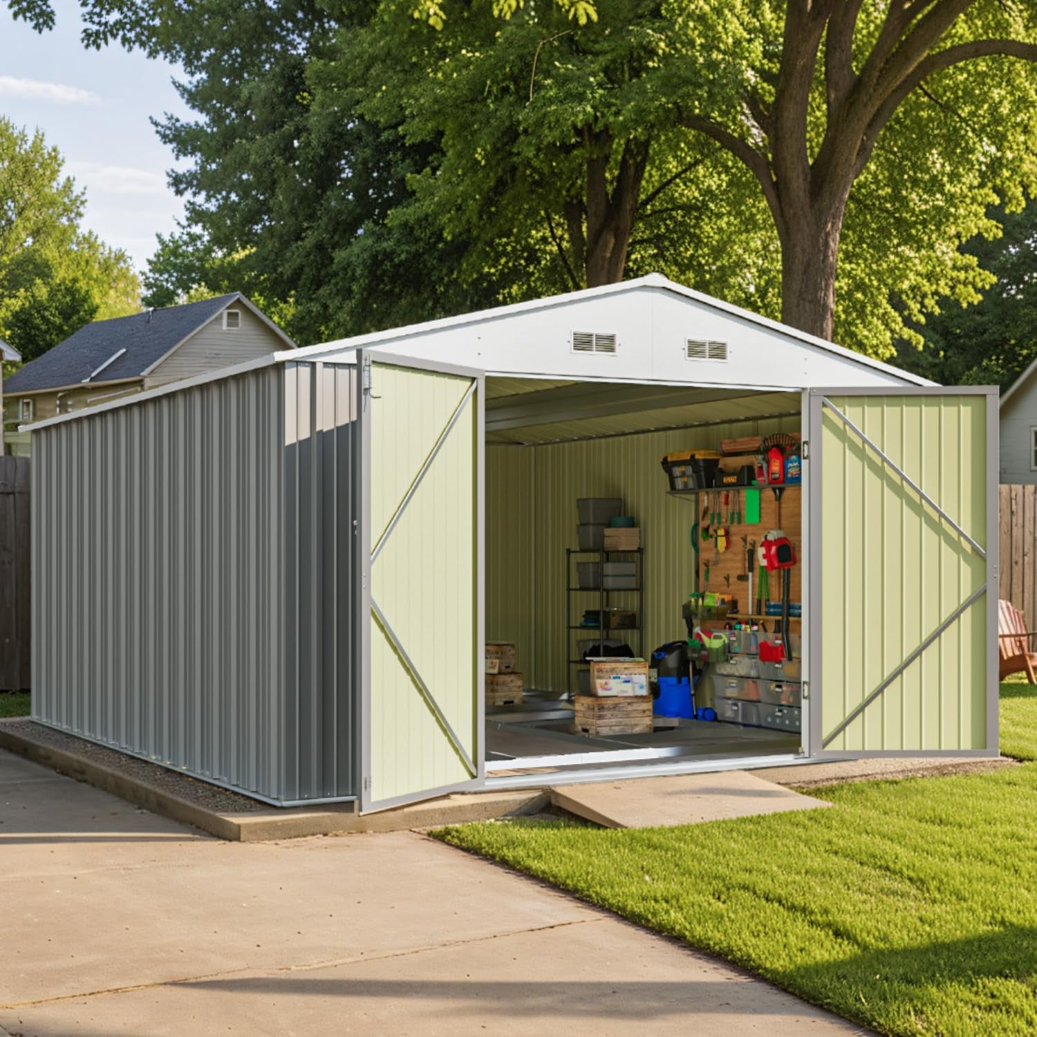 Large gray shed with pale green double doors open, showing shelving, tools and storage inside on a concrete pad.
