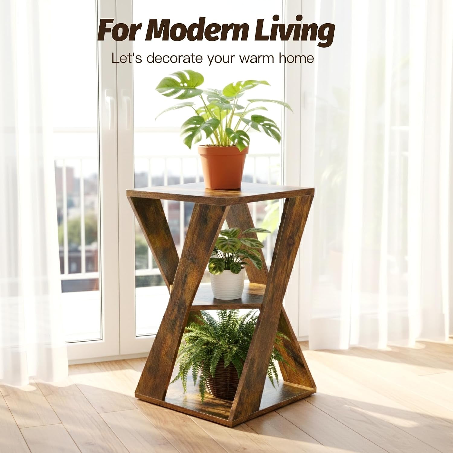 Tall view of the rustic brown wooden side table placed in front of a bright window with plant on top