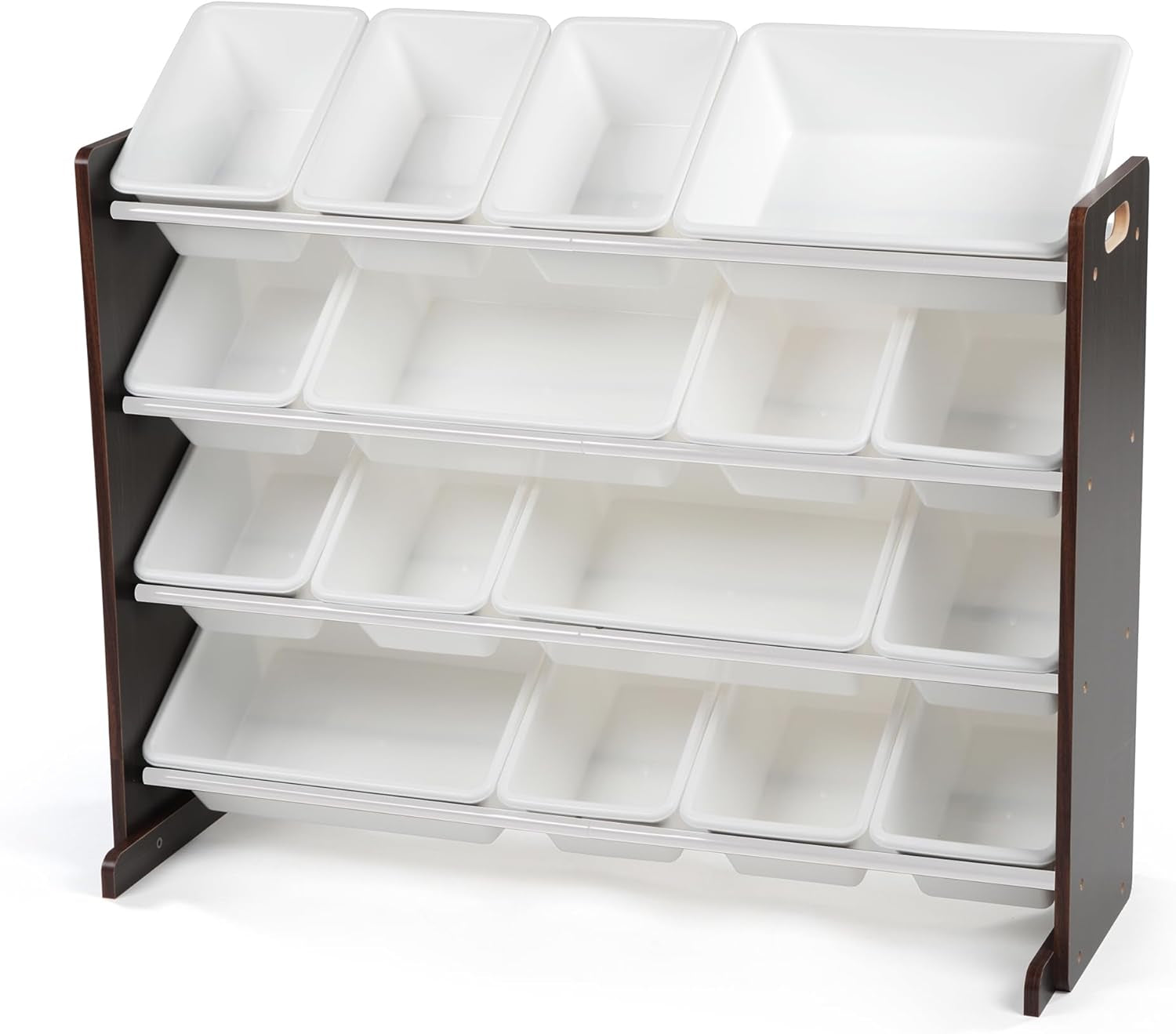 Dark wood–finished frame with four tiers of all-white plastic storage bins.