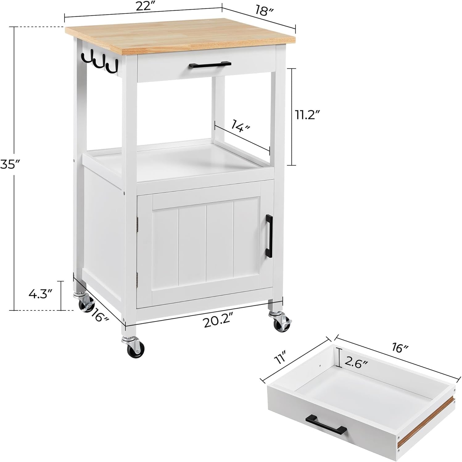 Compact white kitchen cart with wood-grain top shown with dimensional overlays and a separate pull-out drawer image