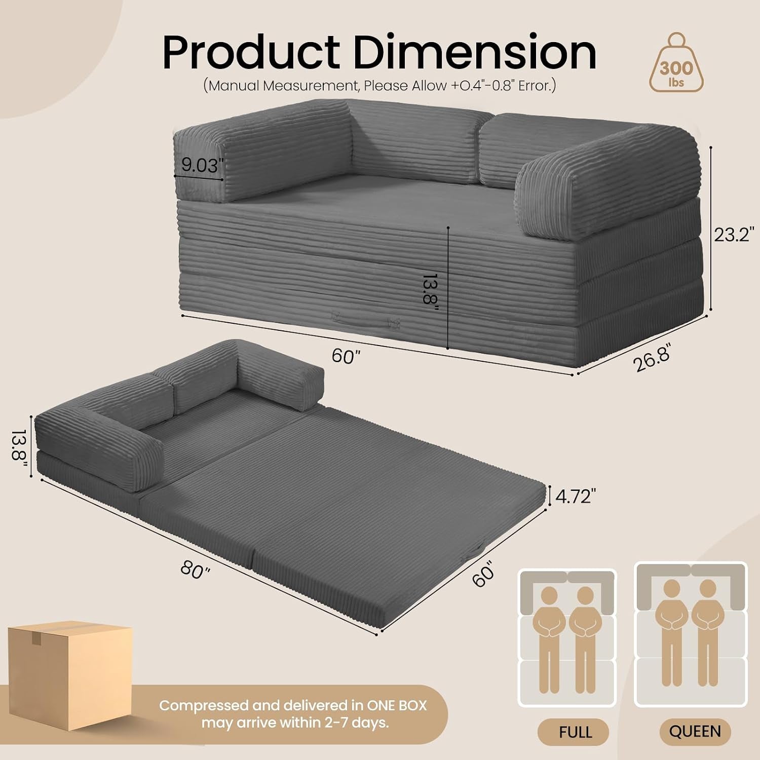 Graphic showing product dimensions and flat mattress layout in grey with measurements and 2-person icons